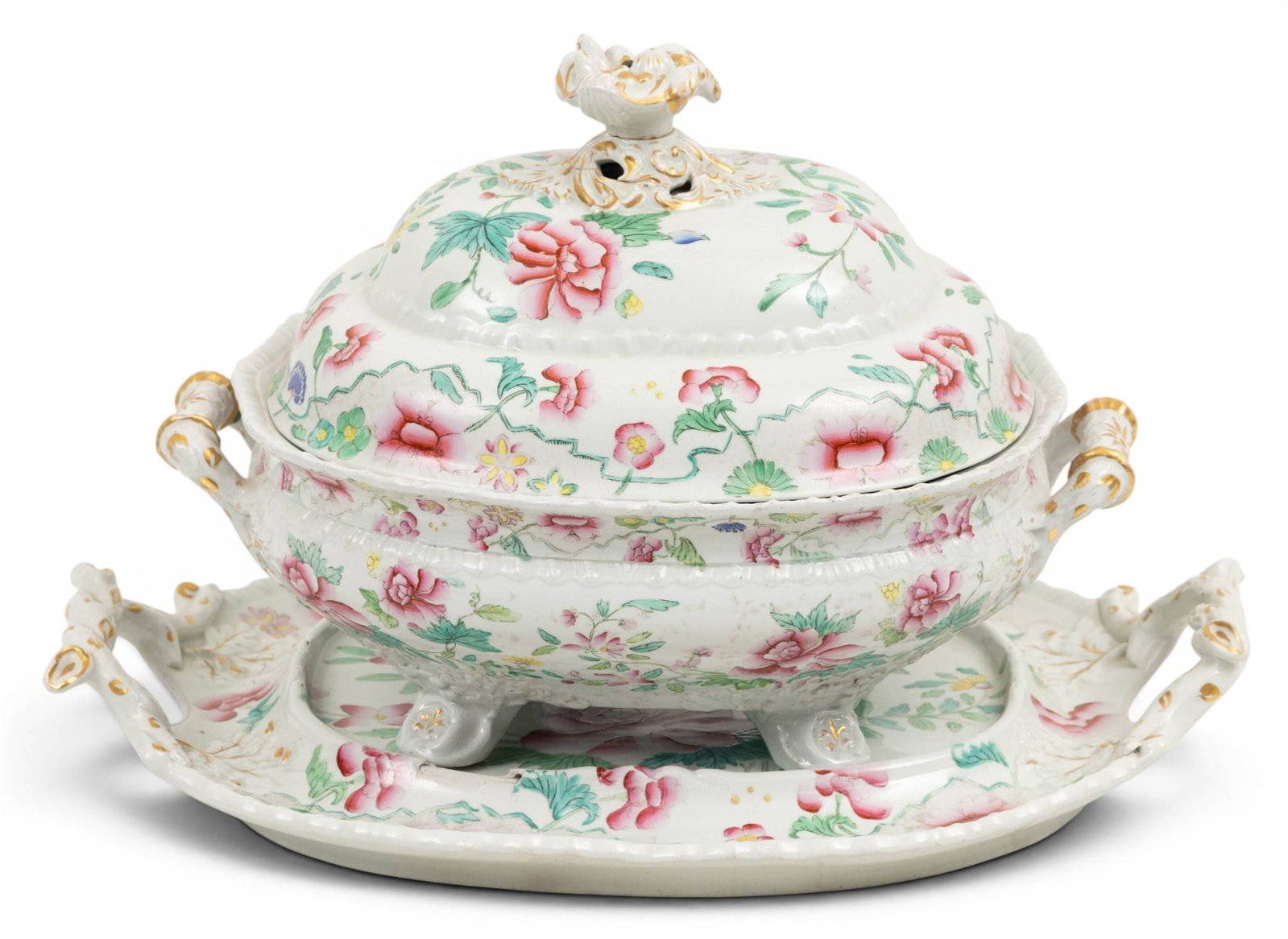 Hicks & Meigh (English, 1807-1822) Stone China Covered Tureen and Underplate 19th C., 'Floral: Hicks & Meigh (English, 1807-1822) Stone China Covered Tureen and Underplate 19th C., 'Floral Pattern No.8', H 9" W 8" L 13" 2 PCS Having hand painted peonies on leafy vines. Fired gold accents. Foote