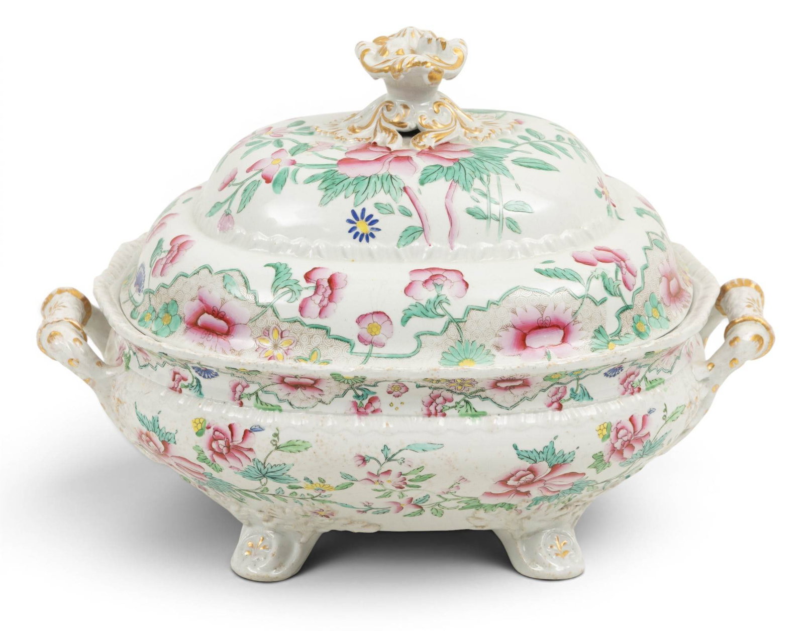 Hicks & Meigh (English, 1807-1822) Stone China Covered Tureen, Ca. 1820, 'Floral Pattern No.8', H 9": Hicks & Meigh (English, 1807-1822) Stone China Covered Tureen, Ca. 1820, 'Floral Pattern No.8', H 9" W 8" L 12" Hand painted motif of peonies and leafy vines. Double handles with fired gold accents. F