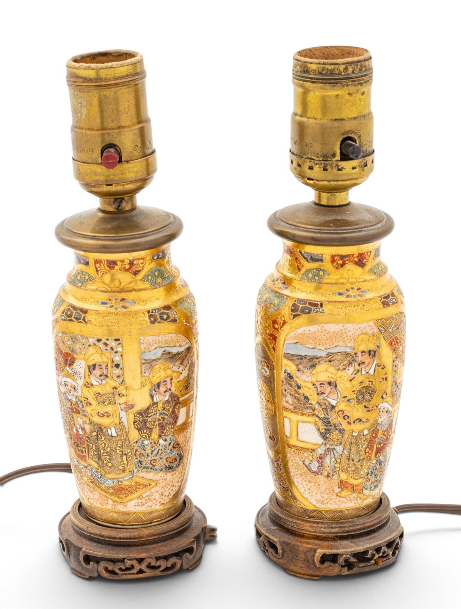 Japanese Satsuma Vases Converted to Small Lamps 1900, H 13" 1 PAIR: Japanese Satsuma Vases Converted to Small Lamps 1900, H 13" 1 PAIR Fired gold and enamel decorated small urns converted to boudoir lamps Provenance: Property from the Estate Collection of Catherine Ma