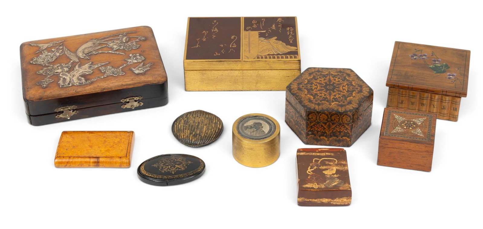 Japanese and English Rectangular Box with Silver Blossoming Flowers and Birds H 1.5" W 5.75" L 7.5" (1 of 8)