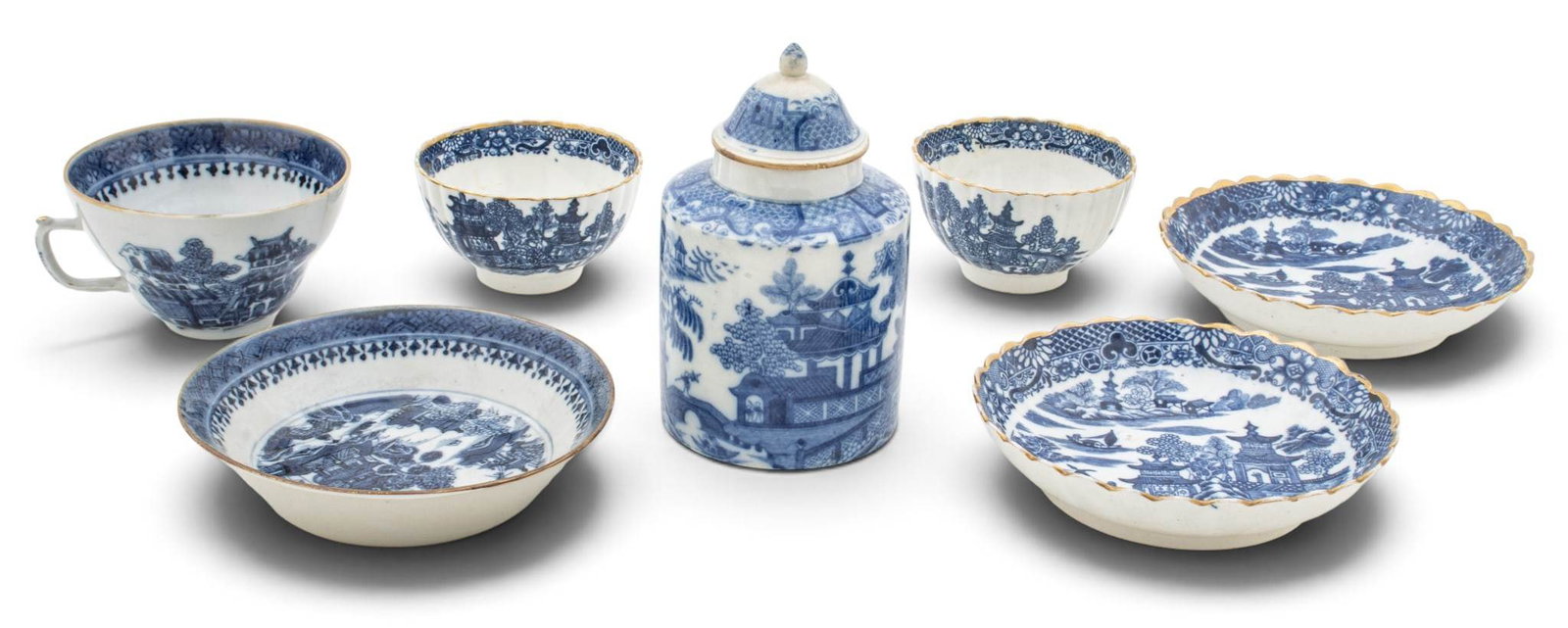 Chinese Canton 7 Piece Blue and White Porcelain Tea Caddy and Cups 19th.c., 7 PCS (1 of 4)