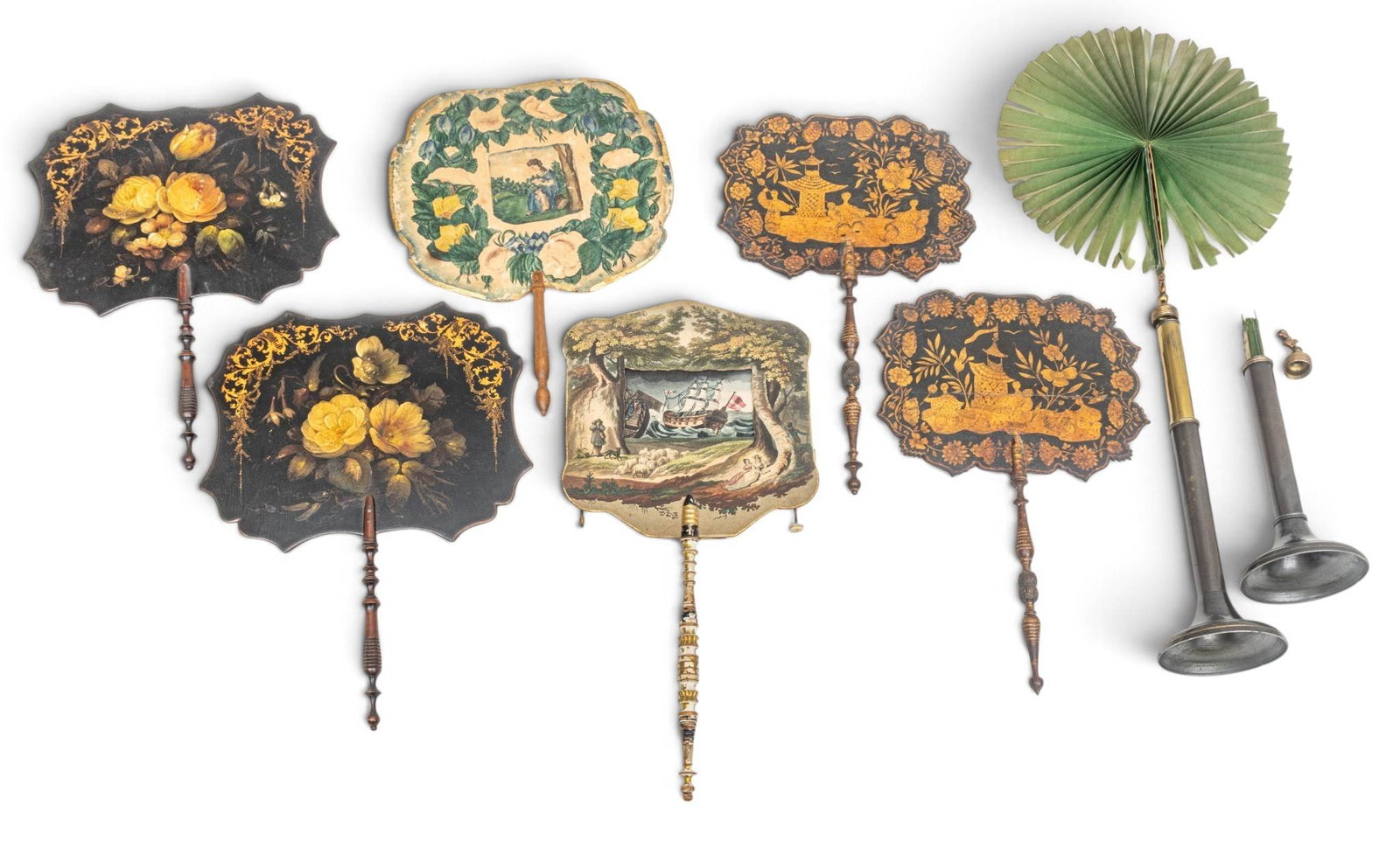 Victorian Marquetry, Lacquered and Painted Face Fans 4 \+ 2 Others 19th.c., H 16" 8 PCS (1 of 10)