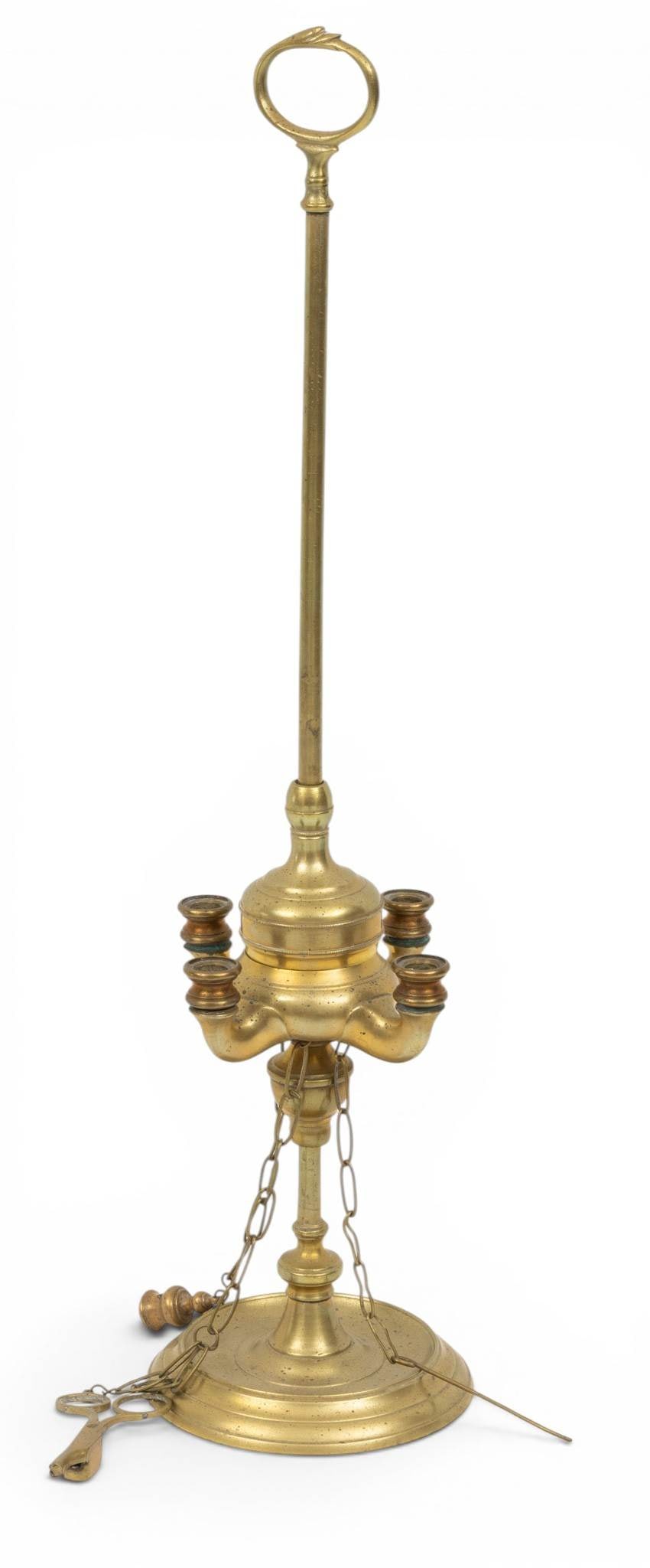 American Brass Betty Lamp, Four Lights with Accoutrements 1860, H 22" 1 PC (1 of 4)