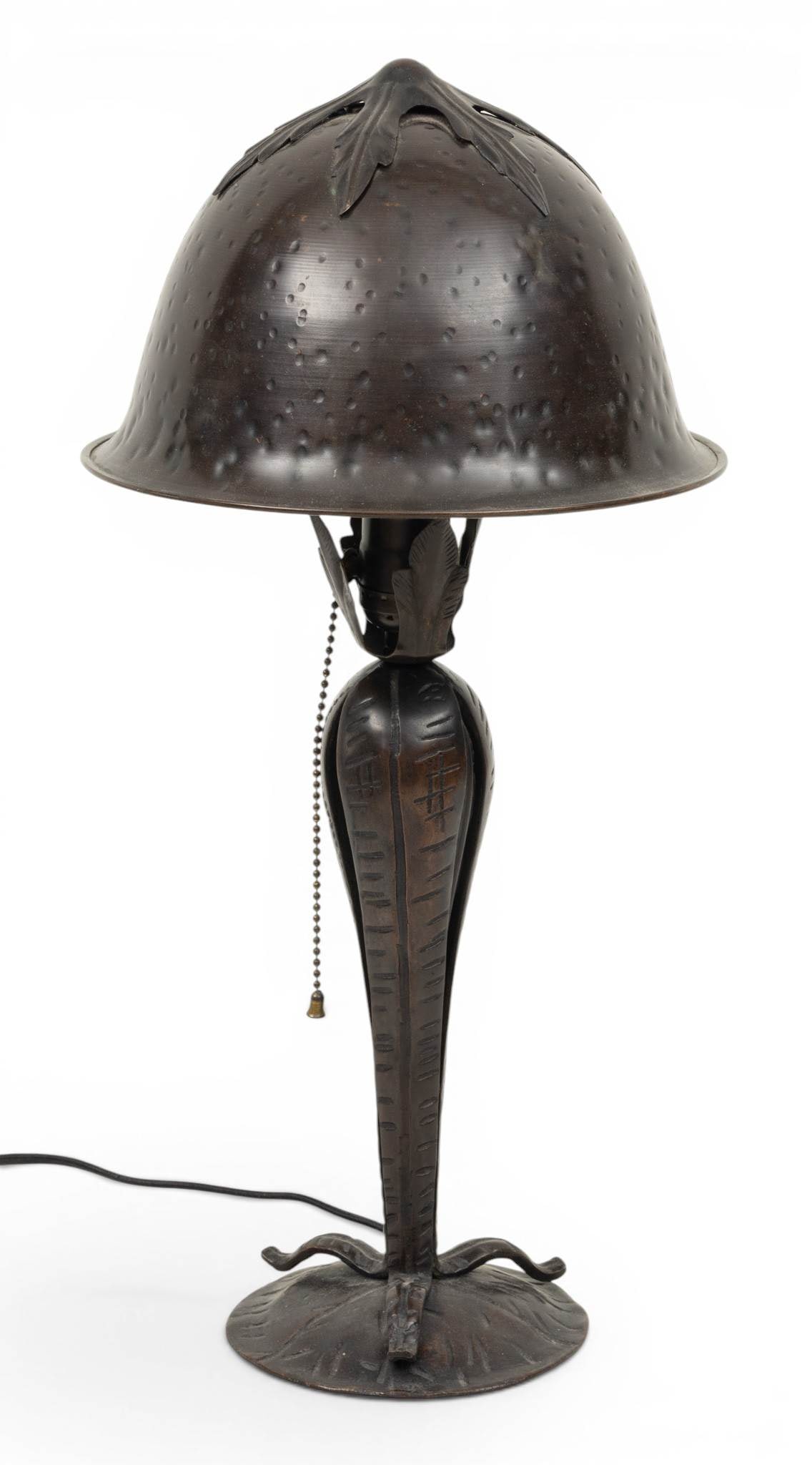 Arts and Crafts Patinated Metal Table Lamp 20th Century, H 19" Dia. 9": Arts and Crafts Patinated Metal Table Lamp 20th Century, H 19" Dia. 9" Shade is made of metal and bell shape. No maker's marks. Dimensions: H 19" Dia 9"