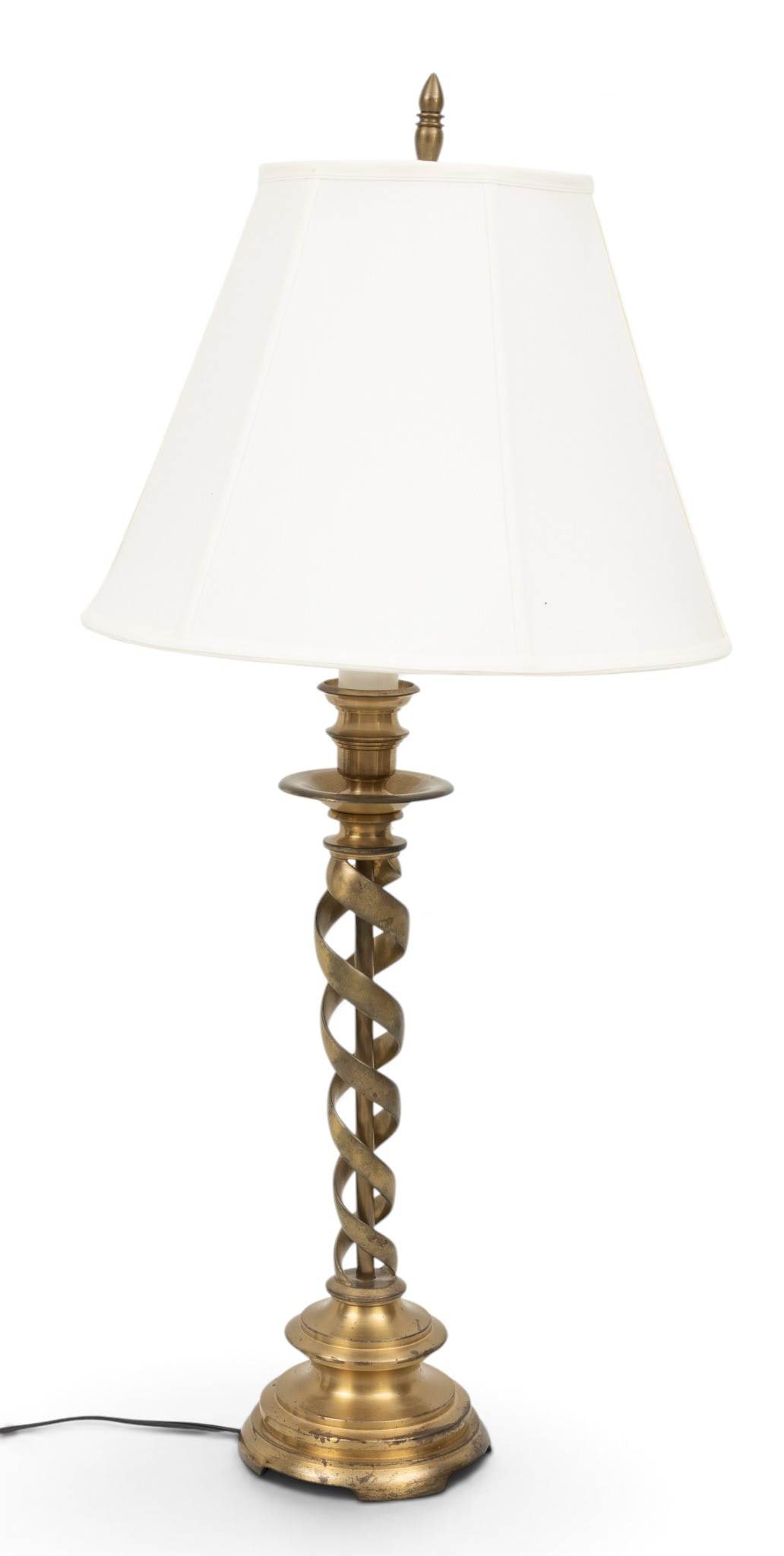 English Brass Barley Twist Table Lamp and Shade, Ca. 1970, H 36": English Brass Barley Twist Table Lamp and Shade, Ca. 1970, H 36" Candlestick form barley twist base supports an extension for light and shade. Dimensions: H 36"