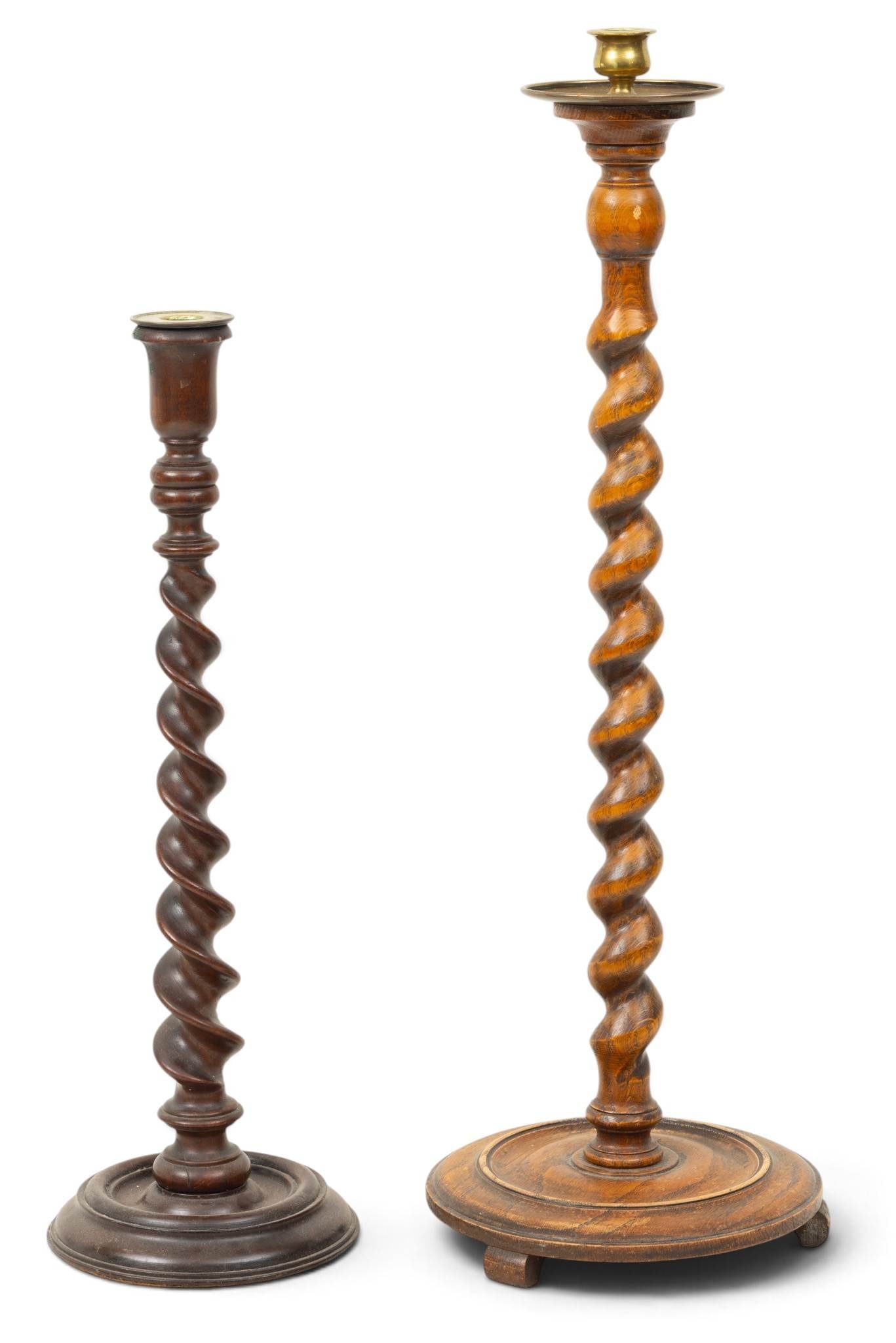 English Barley Twist Oak Candlesticks, Ca. Early 20th C., 2 PCS (1 of 2)