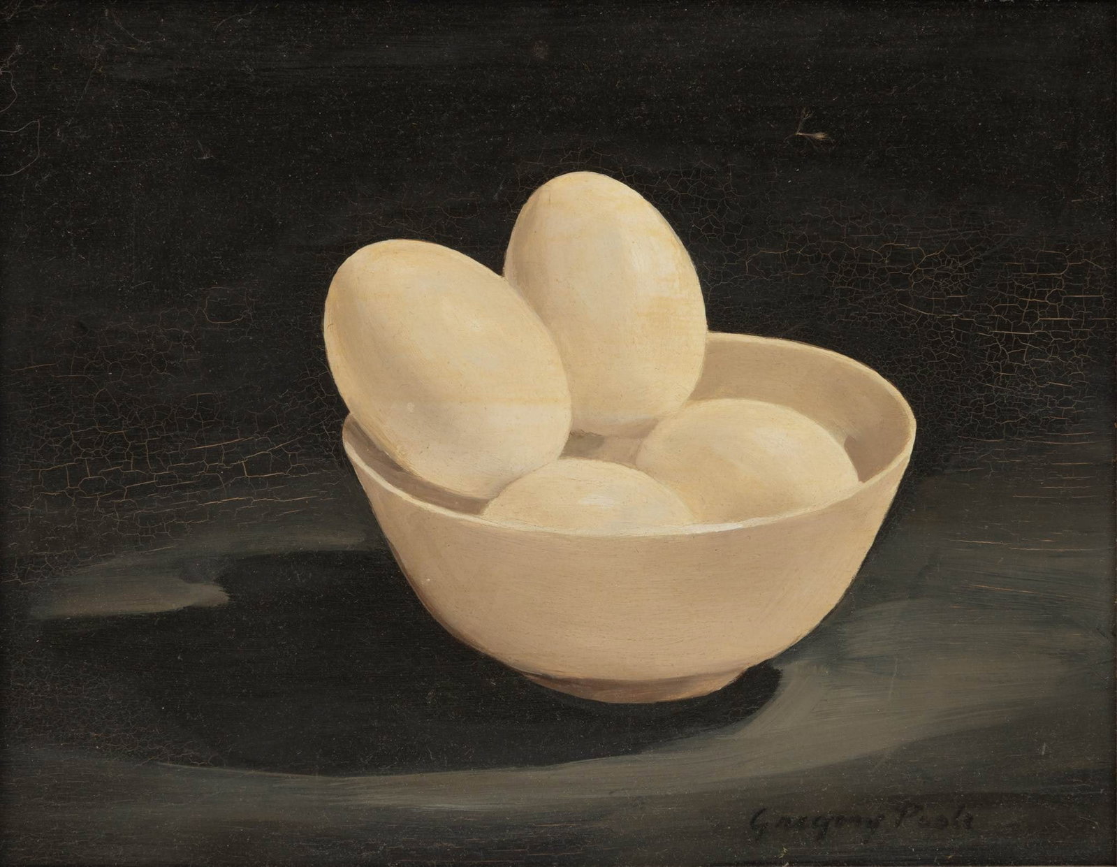 Gregory Poole (American) Oil on Board, Ca. 1950, 'Still Life Eggs and Bowl', H 8" W 10": Gregory Poole (American) Oil on Board, Ca. 1950, 'Still Life Eggs and Bowl', H 8" W 10" Signed lower right. Realistic depiction. Wood frame. Provenance: Property from the estate collection of a 