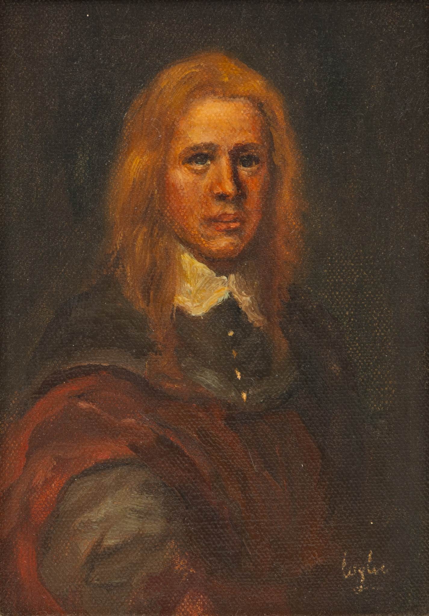 Oil on Board, Ca. 20th/21st, 'Portrait of a Gentleman', H 6.25" W 4.5" 1 PC: Oil on Board, Ca. 20th/21st, 'Portrait of a Gentleman', H 6.25" W 4.5" 1 PC Depicting a young man with long hair wearing a dark coat with a white collar and red sash. Signed lower right. Dimensi