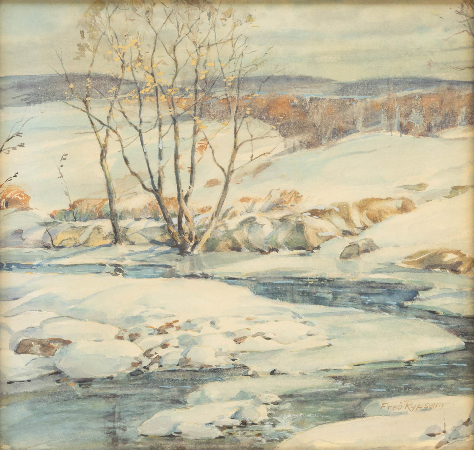 Fred Rypsam (USA, 1881-1969) Watercolor 'Snow Scene, Northern Michigan', H 11" W 12" 1 PC: Fred Rypsam (USA, 1881-1969) Watercolor 'Snow Scene, Northern Michigan', H 11" W 12" 1 PC Signed lower right. Under glass. Provenance: Grosse Pointe Park, Michigan Collector Dimensions: H 11" W 