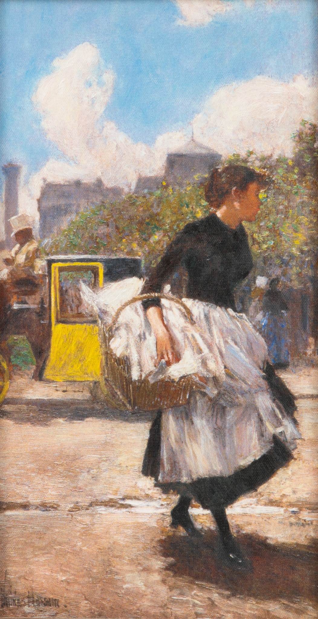 Glicee on Canvas After Hassam 'Woman Walking with Basket', H 15" W 8" 1 PC: Glicee on Canvas After Hassam 'Woman Walking with Basket', H 15" W 8" 1 PC Framed at Henry Street Framers. Provenance: Property from a prominent Oakland County, MI private collection. Dime