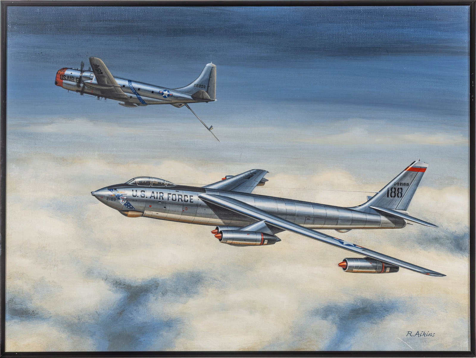 Robert G. Aikins (American/Detroit, 20th/21st C.) Oil on Canvas, Ca. 2005, 'All Topped Off', H 18" W: Robert G. Aikins (American/Detroit, 20th/21st C.) Oil on Canvas, Ca. 2005, 'All Topped Off', H 18" W 24" Signed lower right. Inscribed and dated 03/05 verso. Depicting a B 47-E in flight after airborn