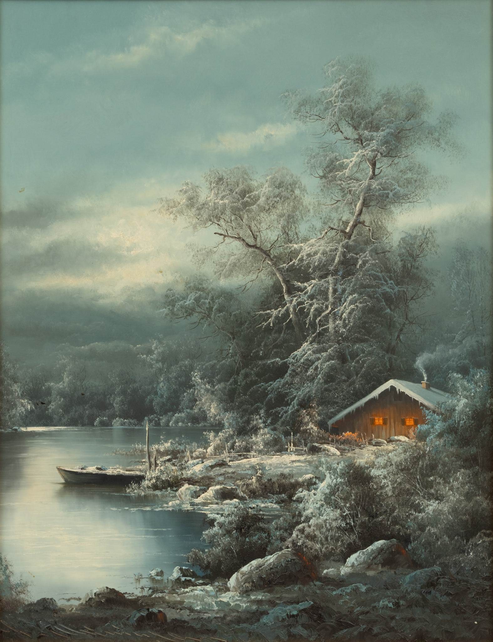 Ludwig Muninger (German, 1929-1997) Oil on Canvas, Ca. 1990, 'Winter Alpine Lake', H 30" W 24": Ludwig Muninger (German, 1929-1997) Oil on Canvas, Ca. 1990, 'Winter Alpine Lake', H 30" W 24" Signed lower left. Depicting an Alpine lake in winter. A cottage sits on the shore with warm light glowin