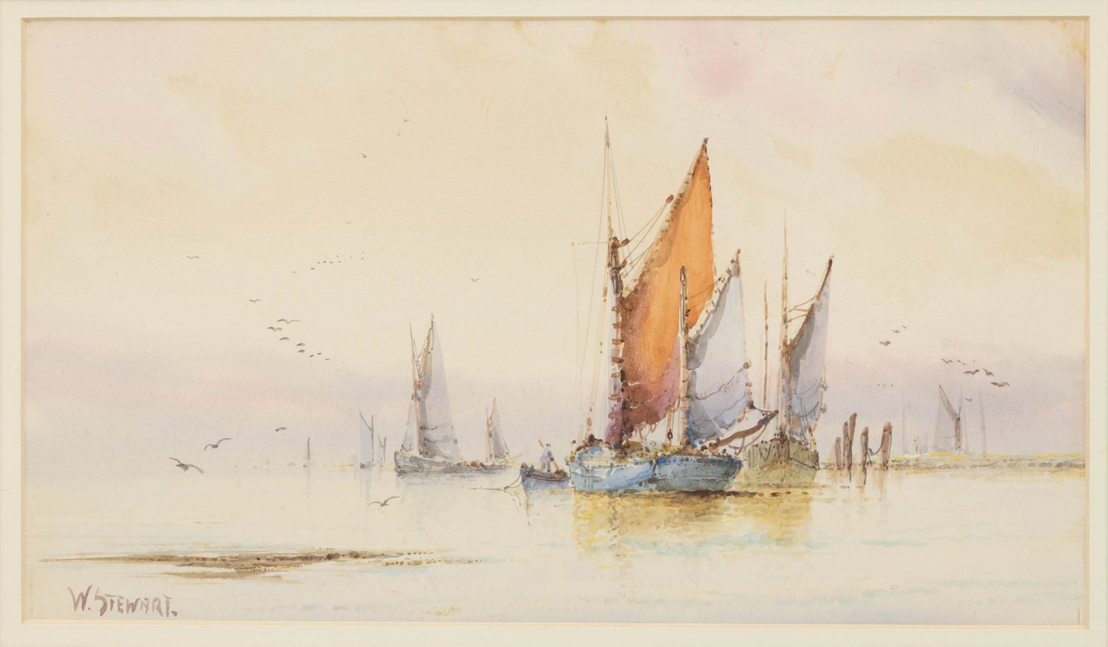 W. Stewart Watercolor on Paper 'Boats at Sunset', H 7" W 12" (1 of 5)