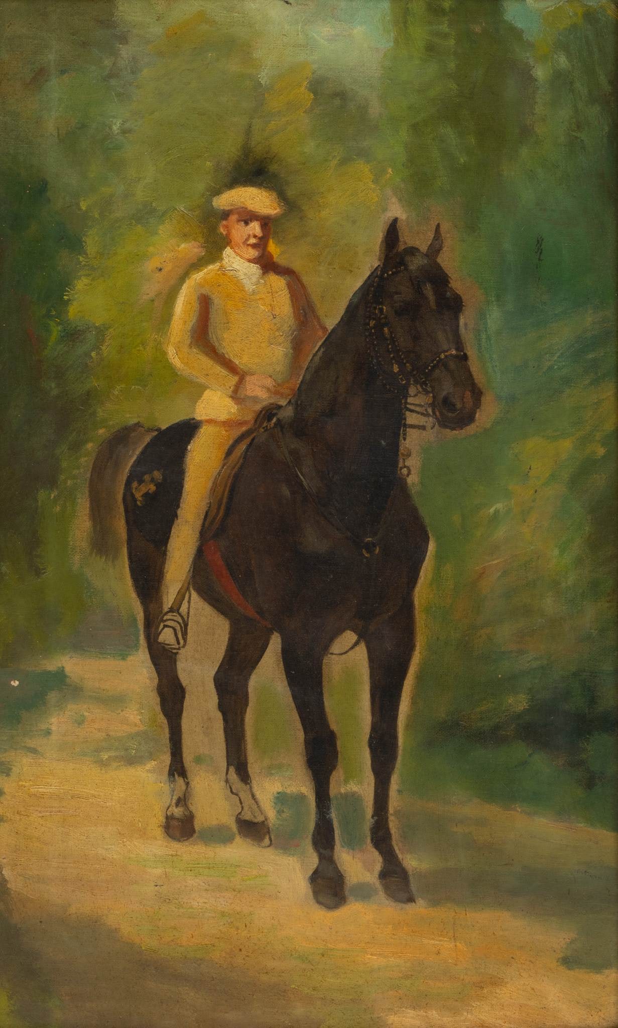 Oil on Canvas, 19th Cent., 'Rider on Horseback', H 20" W 12": Oil on Canvas, 19th Cent., 'Rider on Horseback', H 20" W 12" Unsigned. Depicting a well dress gentleman atop a prized riding horse. Having a giltwood and gesso frame. Provenance: Property from a