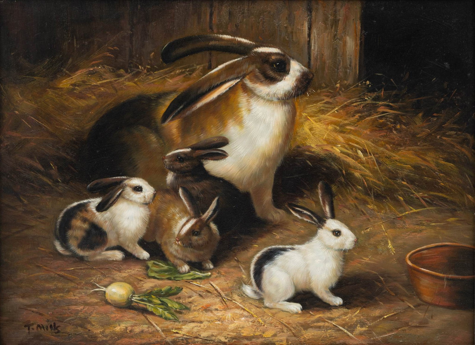 Contemporary Oil on Canvas Rabbits in a Barnyard 20th C., H 12" W 16" (1 of 4)