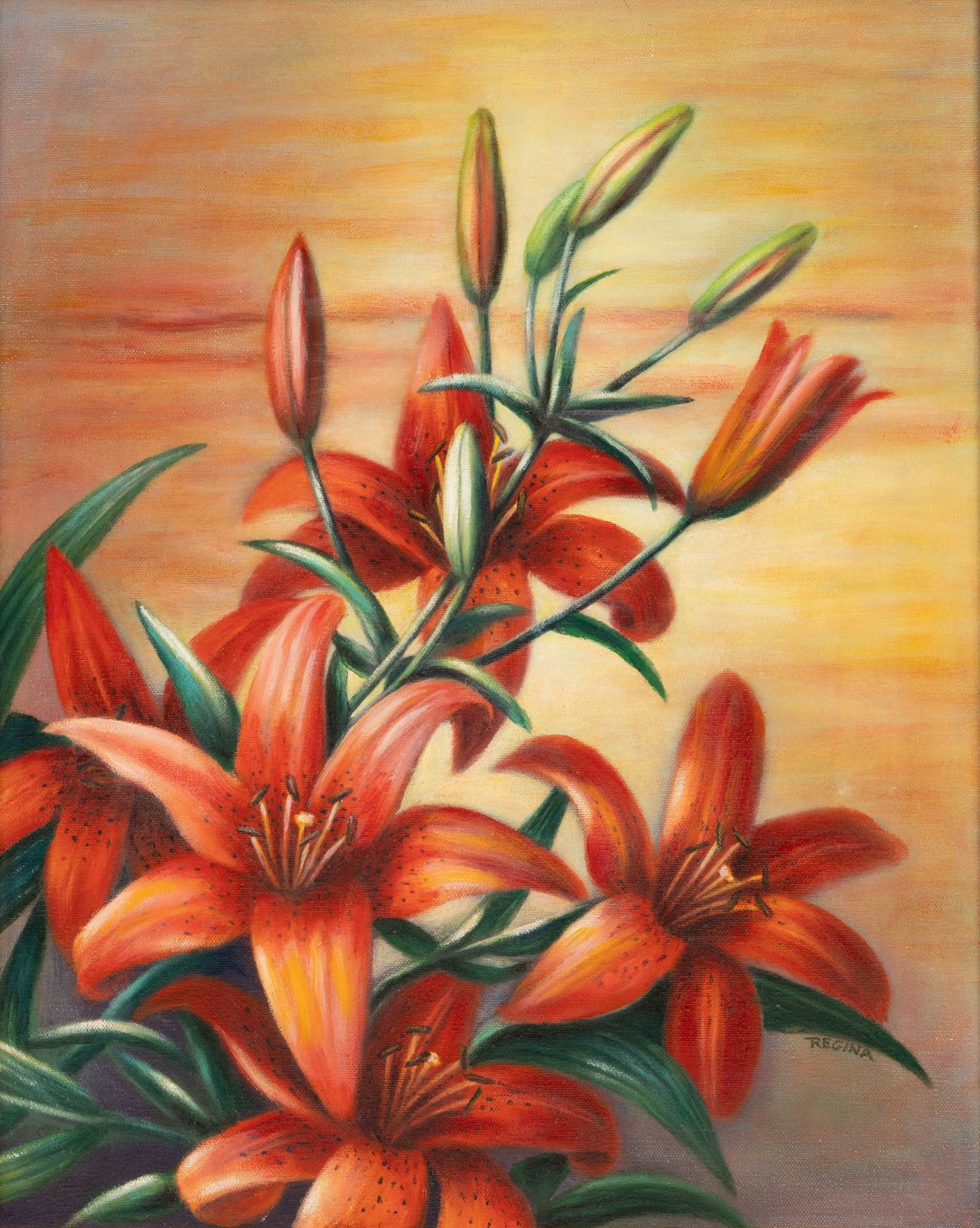 Regina Engelhardt (Polish/ American, 1928-2024) Acrylic on Canvas 'Lilies', H 19" W 15": Regina Engelhardt (Polish/ American, 1928-2024) Acrylic on Canvas 'Lilies', H 19" W 15" Signed lower right. Provenance: Property from a Grosse Pointe Park, MI private collector Dimensions: H 19"