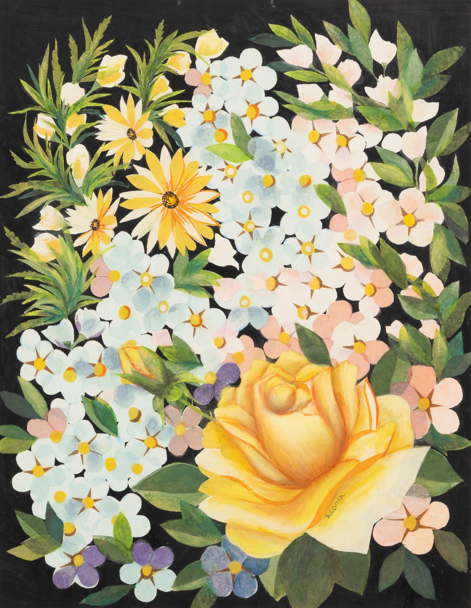 Regina Engelhardt (Polish/ American, 1928-2024) Gouache on Paper 'Rose and Mixed Flowers', H 27.5" W: Regina Engelhardt (Polish/ American, 1928-2024) Gouache on Paper 'Rose and Mixed Flowers', H 27.5" W 21.5" Signed lower right. Framed under glass. Provenance: Property from a Grosse Pointe Park,