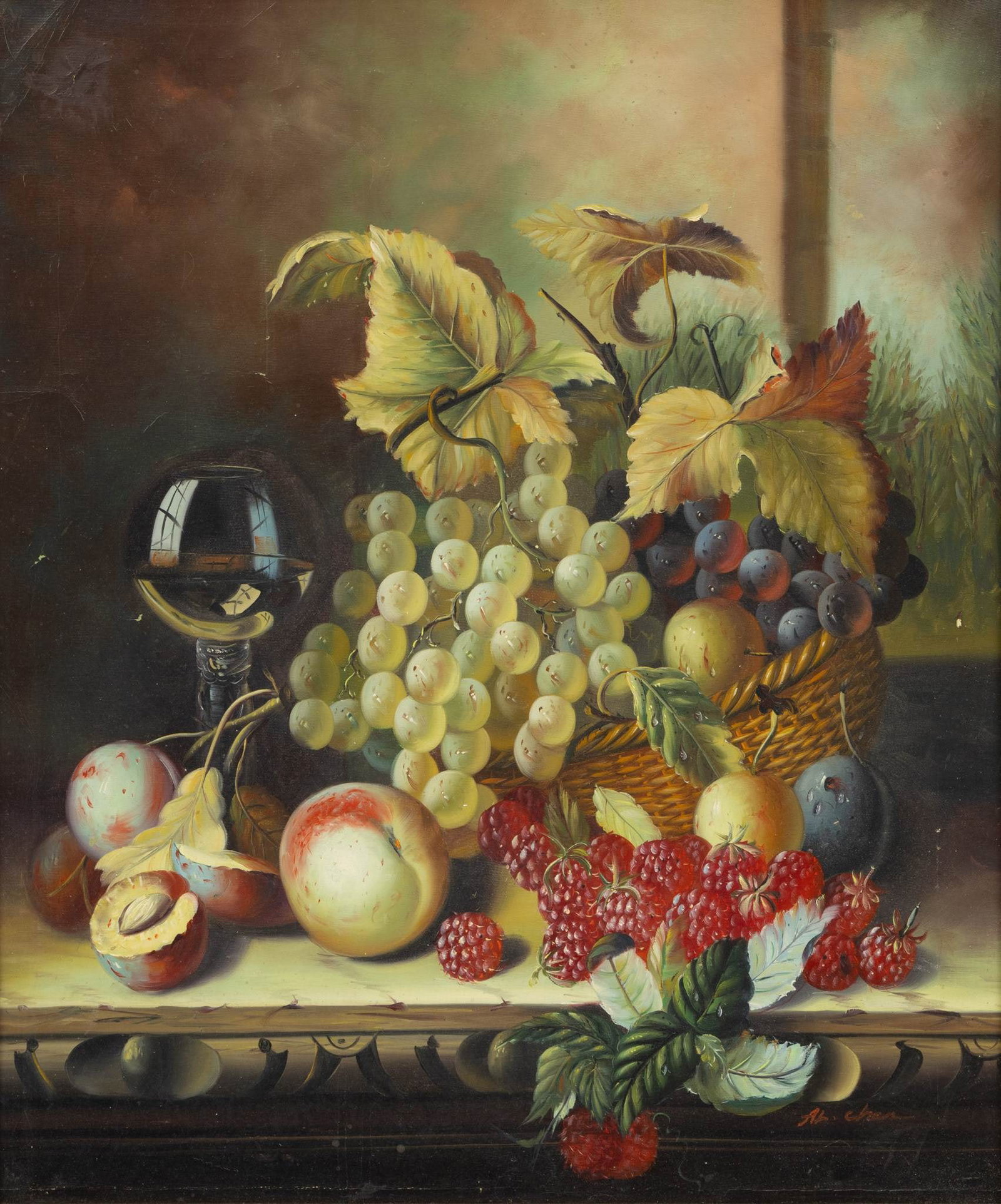 Flemish Style Oil on Canvas 20th Cent., 'Still Life with Fruit', H 24" W 20" (1 of 4)