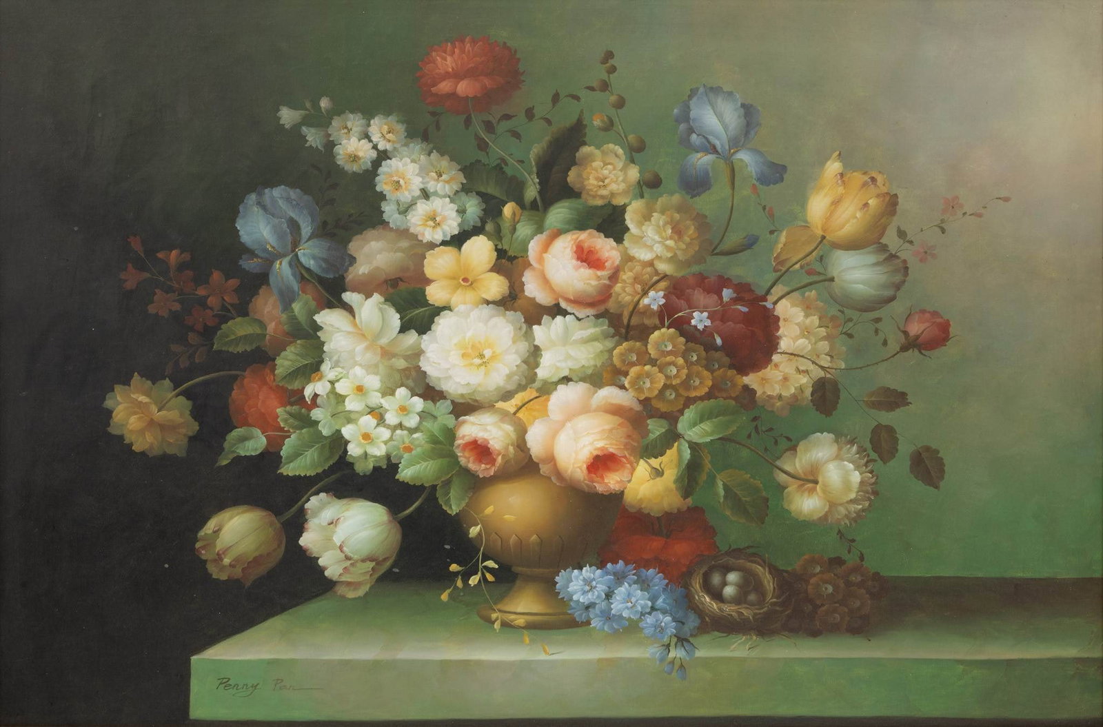 Penny Par Flemish Style Oil on Canvas 20th Cent., 'Floral Still Life', H 245" W 36" (1 of 6)