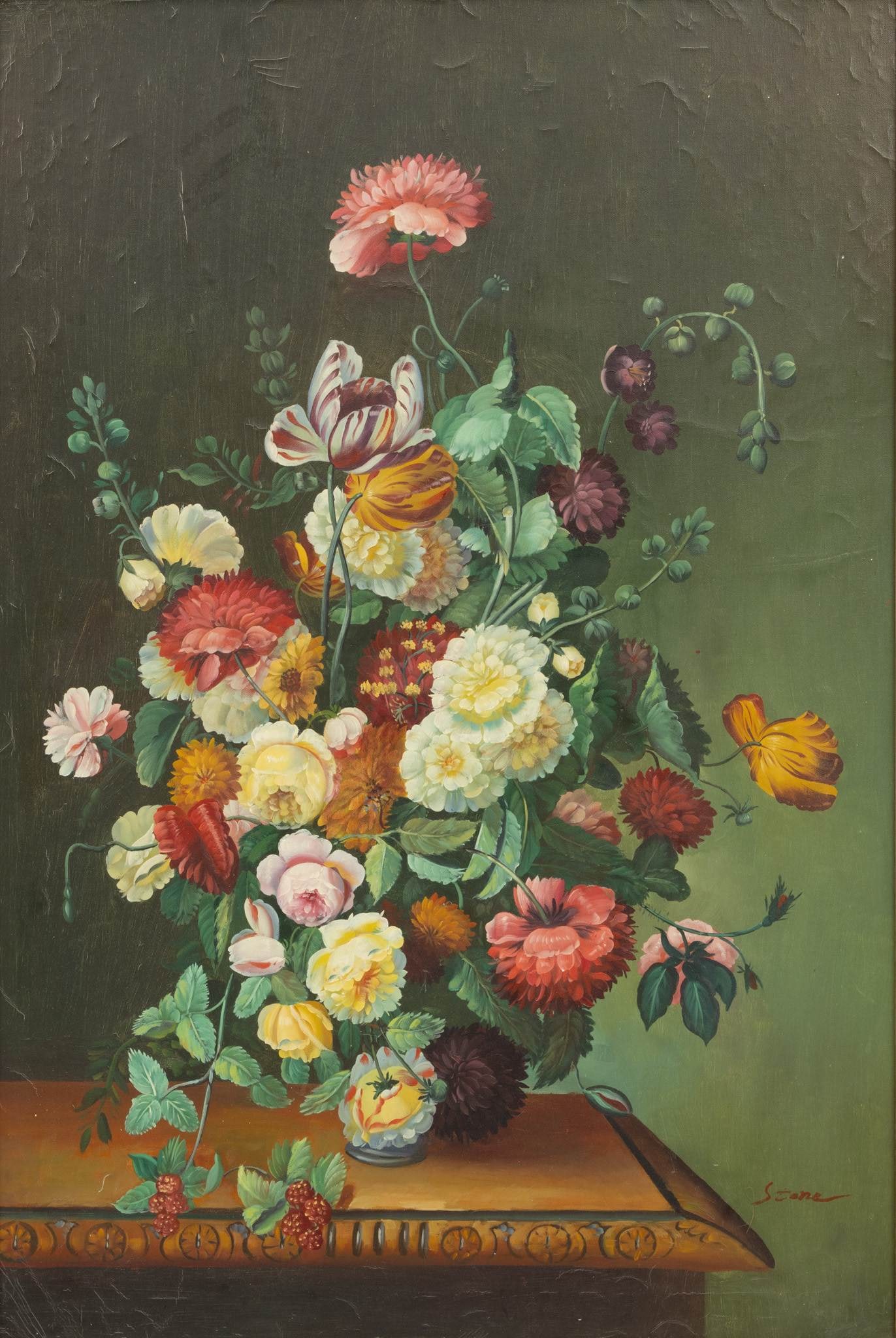 Seana Flemish Style Oil on Canvas 20th Cent., 'Floral Still Life', H 36" W 24" (1 of 5)