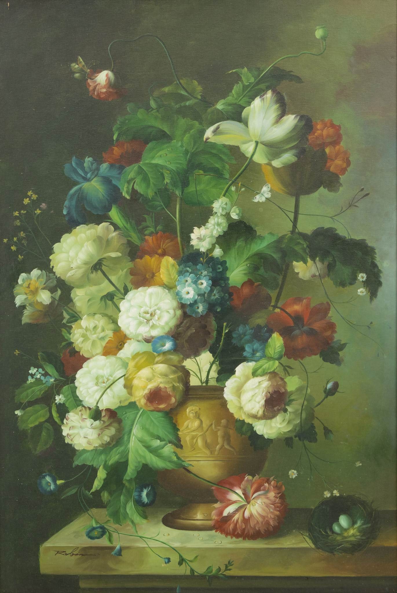 Robertson Flemish Style Oil on Canvas 20th Cent., 'Floral Still Life', H 36" W 24" (1 of 4)