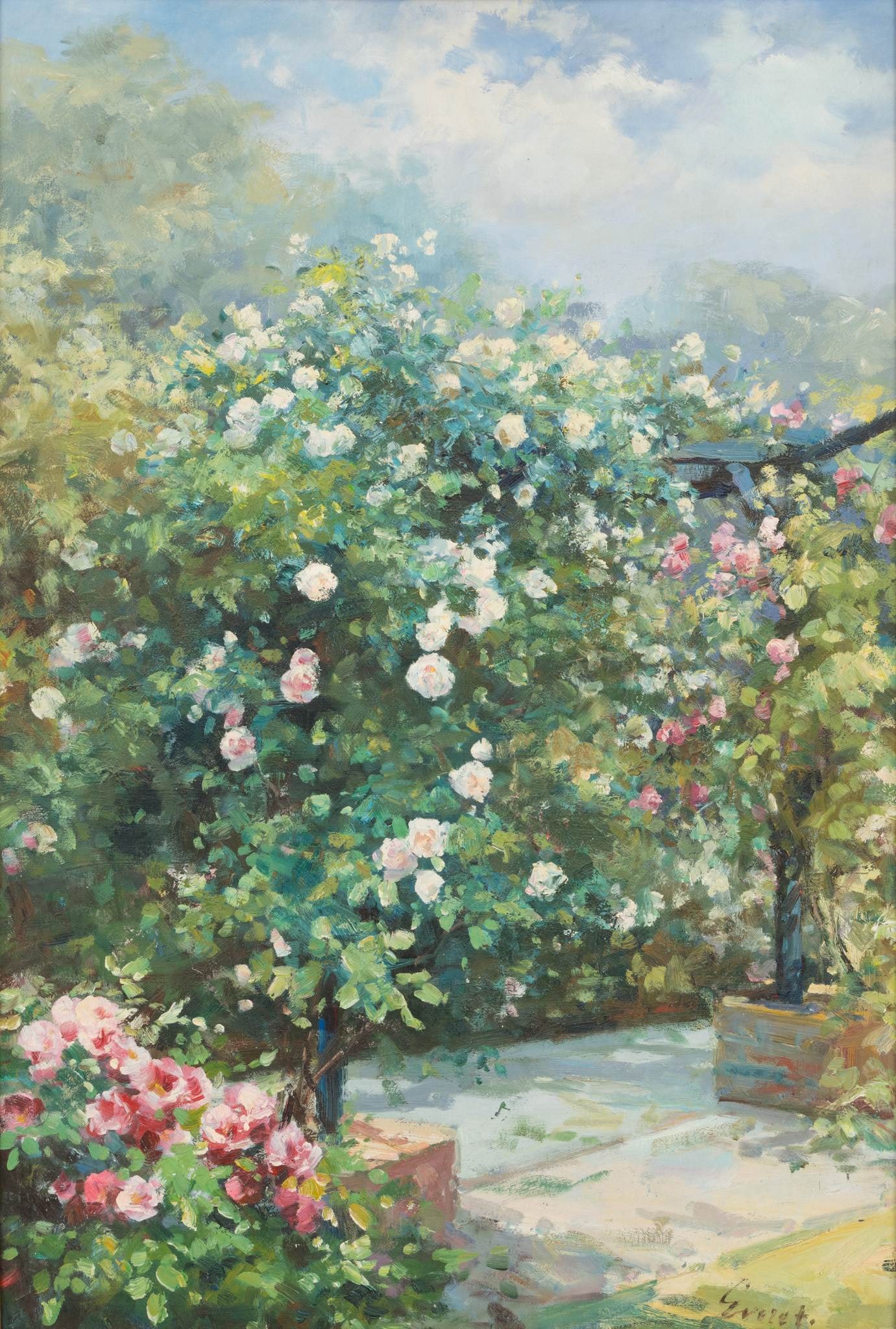 Everest Impressionist Style Oil on Canvas 20th Cent., 'Garden Scene', H 36" W 24": Everest Impressionist Style Oil on Canvas 20th Cent., 'Garden Scene', H 36" W 24" Signed lower right and framed. Dimensions: H 36" W 24" Frame Size: H 45" W 33"