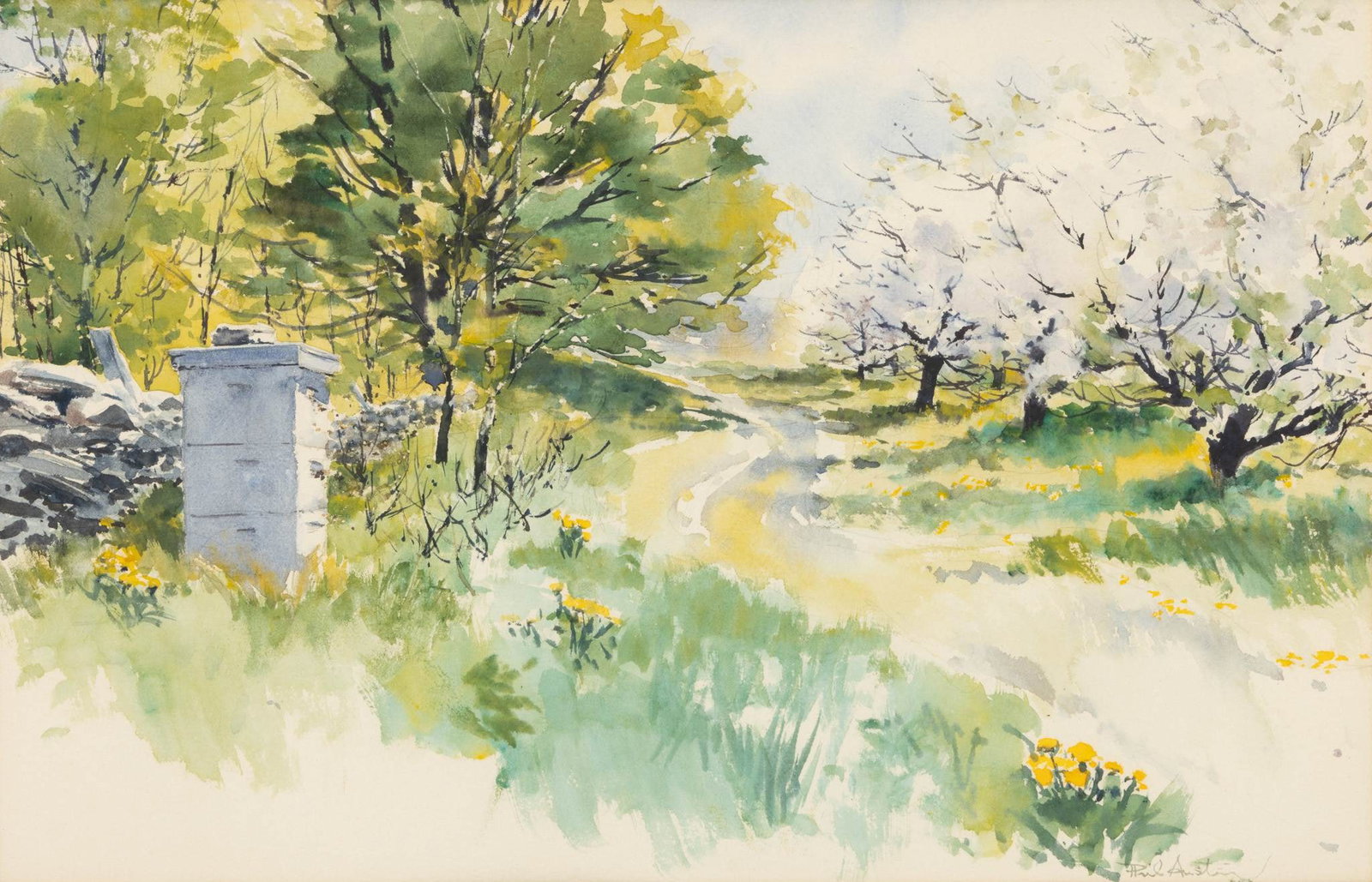 Phil Austin (American, 1910-2004) Watercolor 'Apple Orchard', H 13" W 21" (1 of 7)