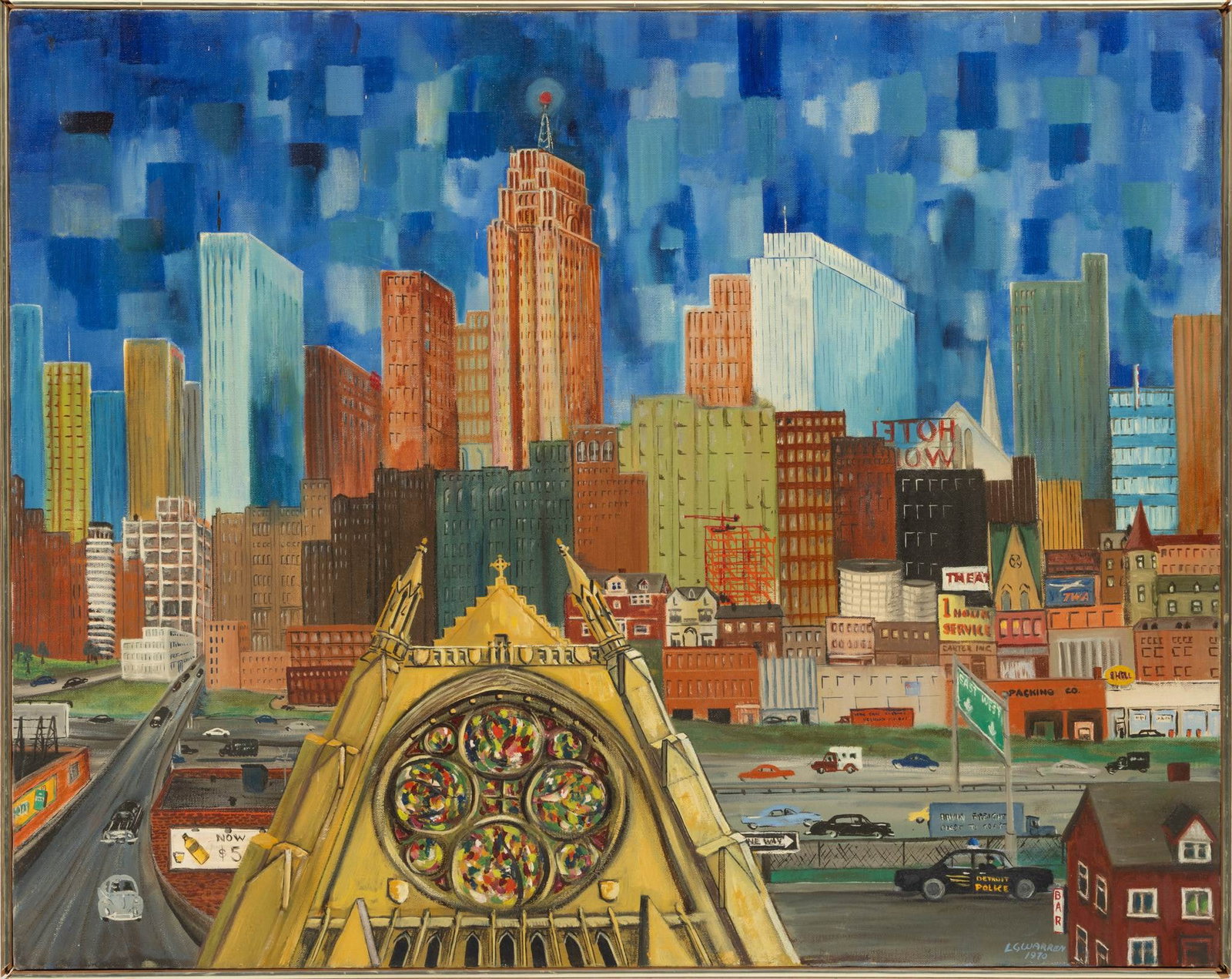 L. G. Warren (American, 20th C.) Oil on Canvas, 1970, 'Detroit Skyline', H 24" W 30" 1 PC: L. G. Warren (American, 20th C.) Oil on Canvas, 1970, 'Detroit Skyline', H 24" W 30" 1 PC Signed and dated lower right. Imagined Detroit city skyline with cathedral rose window in foreground. Bright c