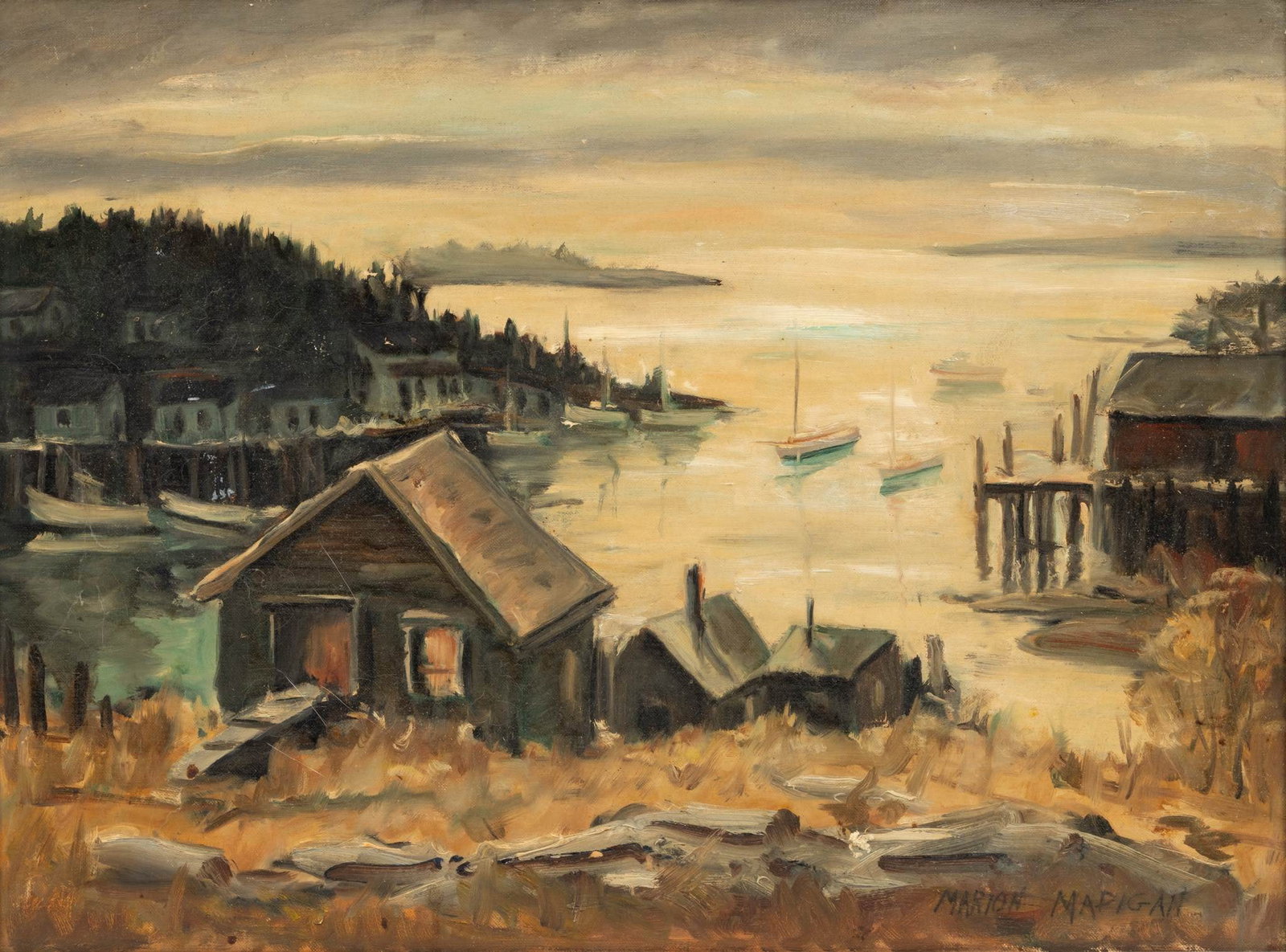 Marion Madigan (Rockland, Mass., 20th C.) Oil on Academy Board, Ca. 1930, 'Gloucester, Quiet Cove', (1 of 7)