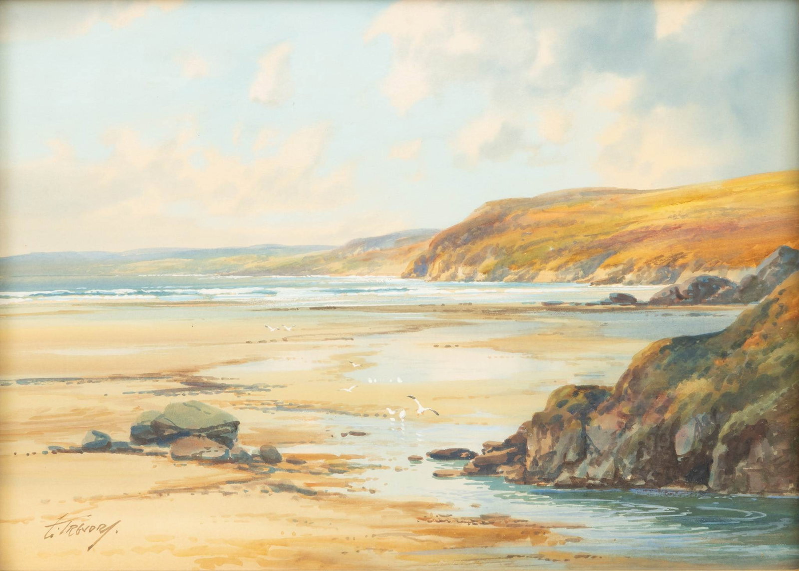 George Trevor (English, Fl. 1920-40) Watercolor, Ca. 1920, 'Perranporth Beach, Cornwall, England', H (1 of 5)