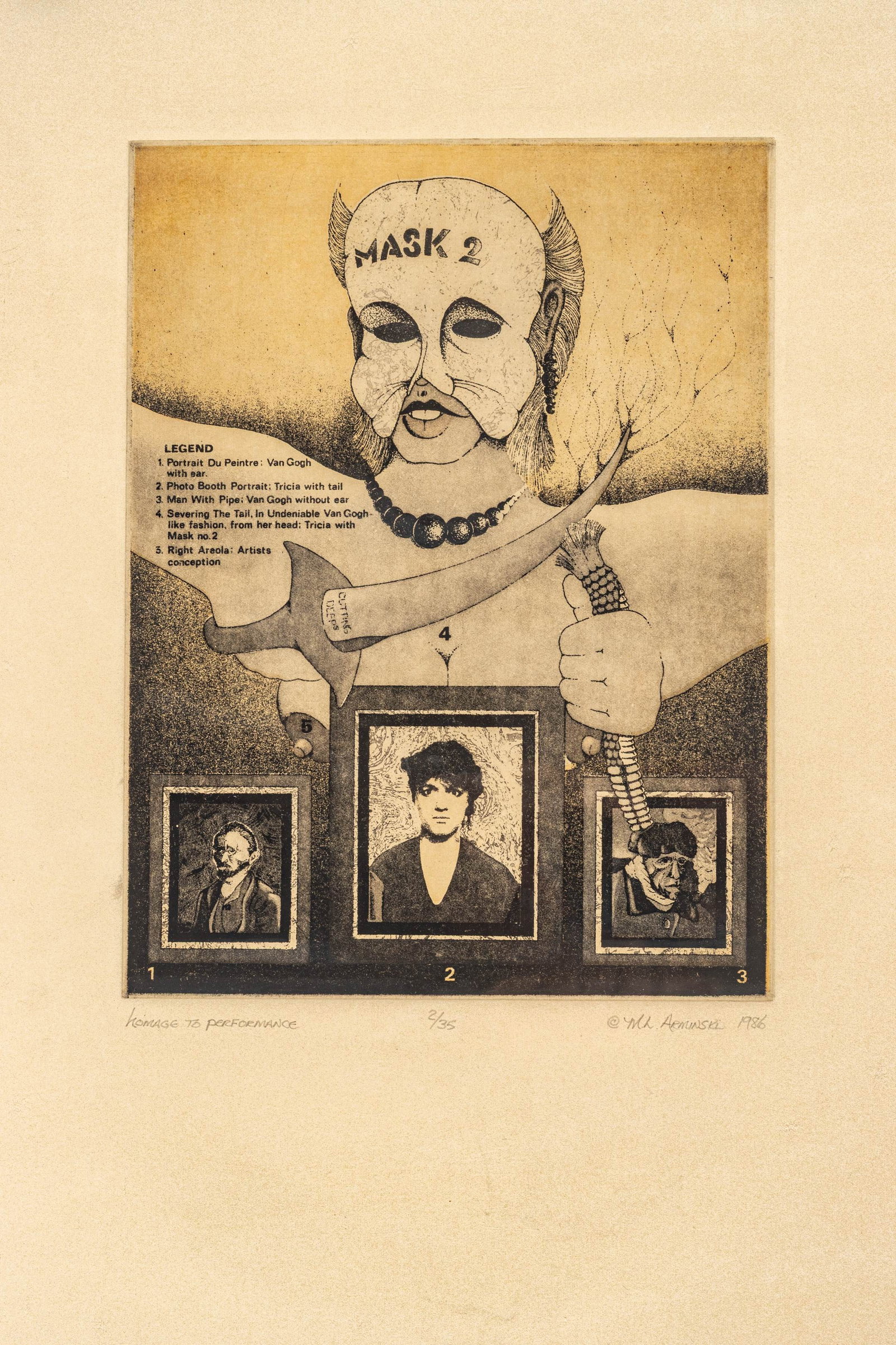 Mark Arminski (American, B. 1950) Intaglio on Paper 1986, 'Homage to Performance', H 11.75" W 8.75": Mark Arminski (American, B. 1950) Intaglio on Paper 1986, 'Homage to Performance', H 11.75" W 8.75" Signed in pencil, dated, titled and numbered 2/85 in the lower margin. Provenance: Property from a R