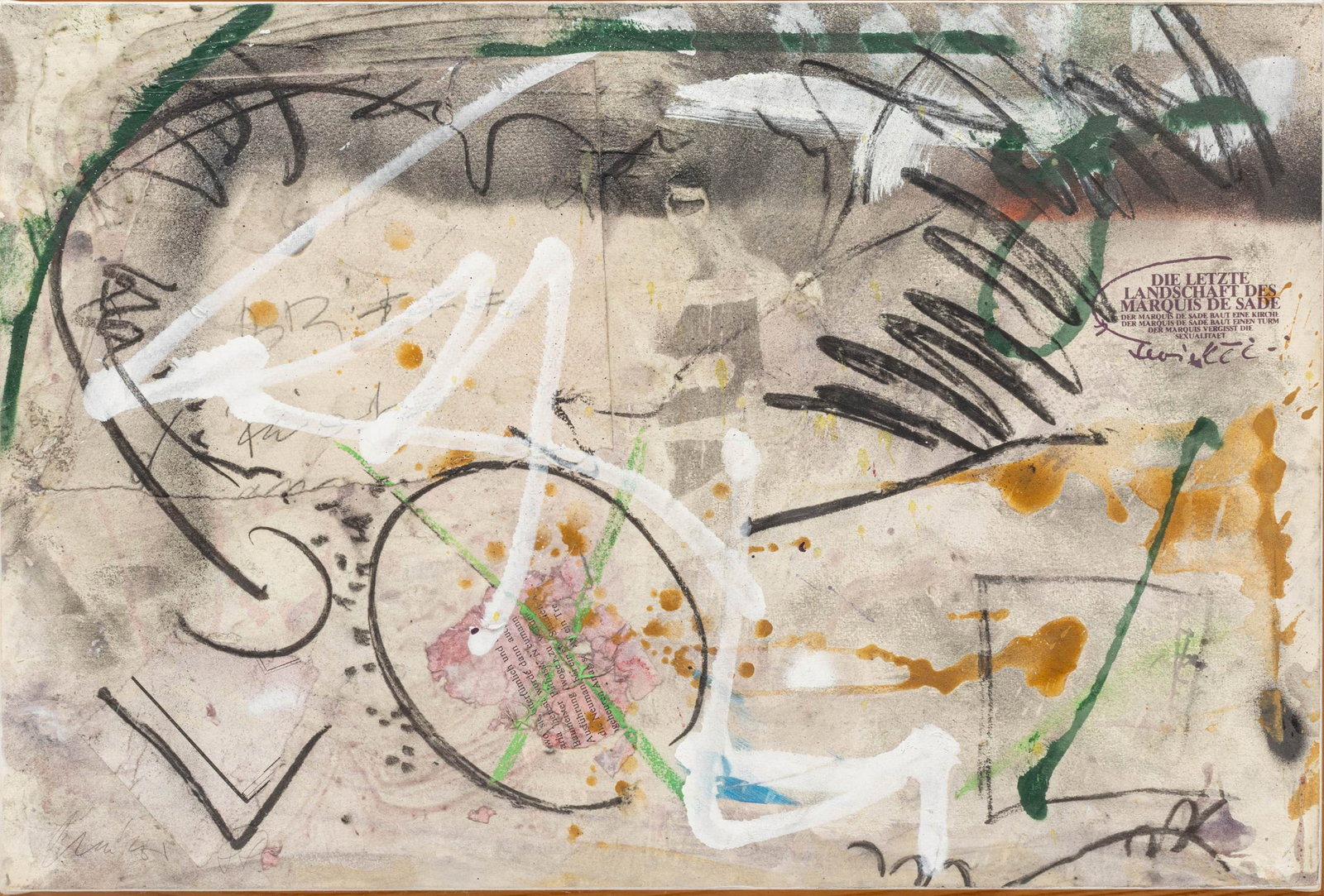 Andras Markos (Hungarian, 1950-2020) Mid-Century Modern Acrylic, Collage, Color Pencil and Pencil on: Andras Markos (Hungarian, 1950-2020) Mid-Century Modern Acrylic, Collage, Color Pencil and Pencil on Canvas 'Abstract Composition (Untitled)', H 20.75" W 31" Signed and inscribed lower right. In a fra