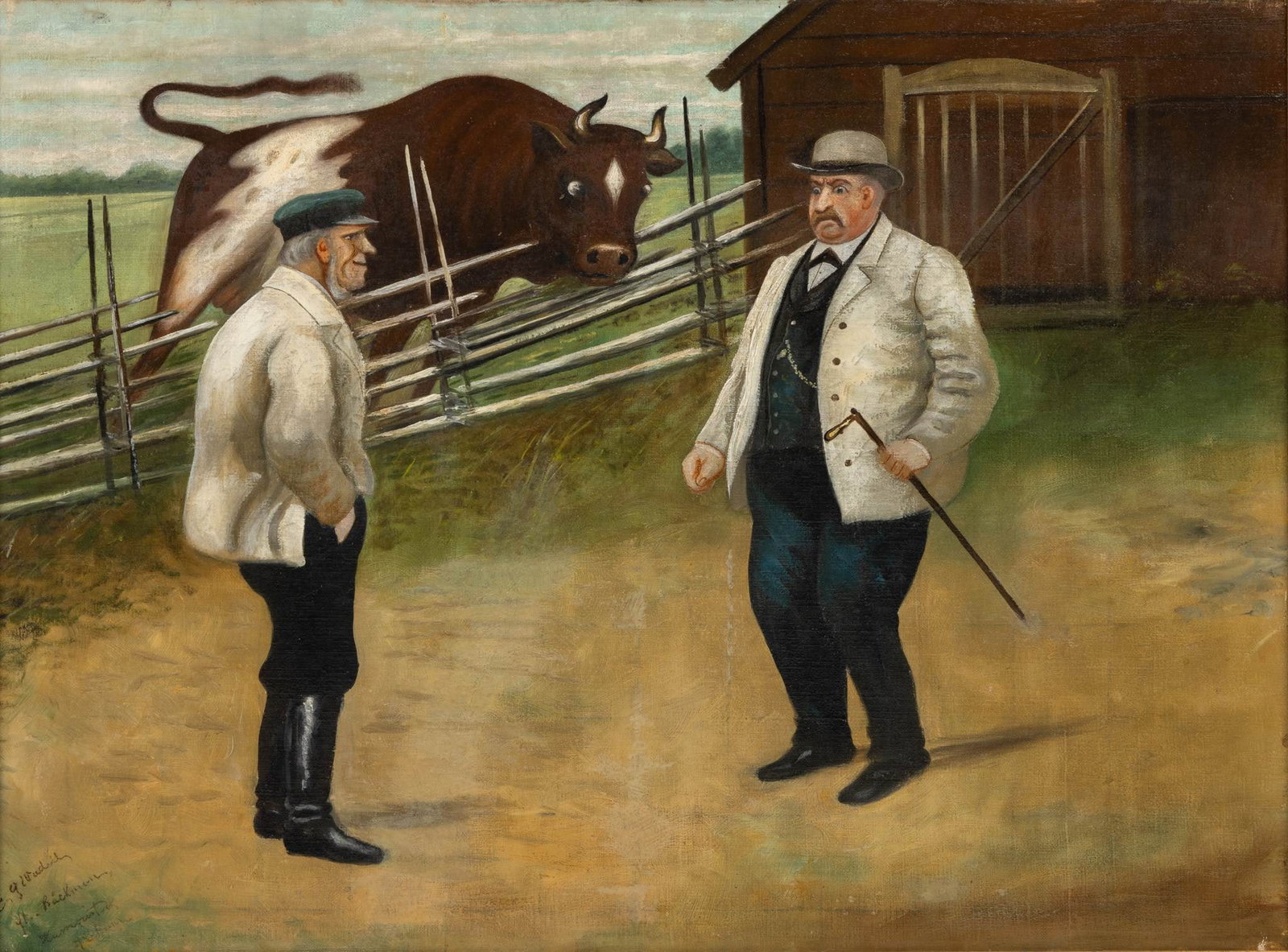 C. Rickman, Primitive Oil on Canvas, Ca. 1900, 'Two Figures and a Bull', H 22" W 29" (1 of 6)