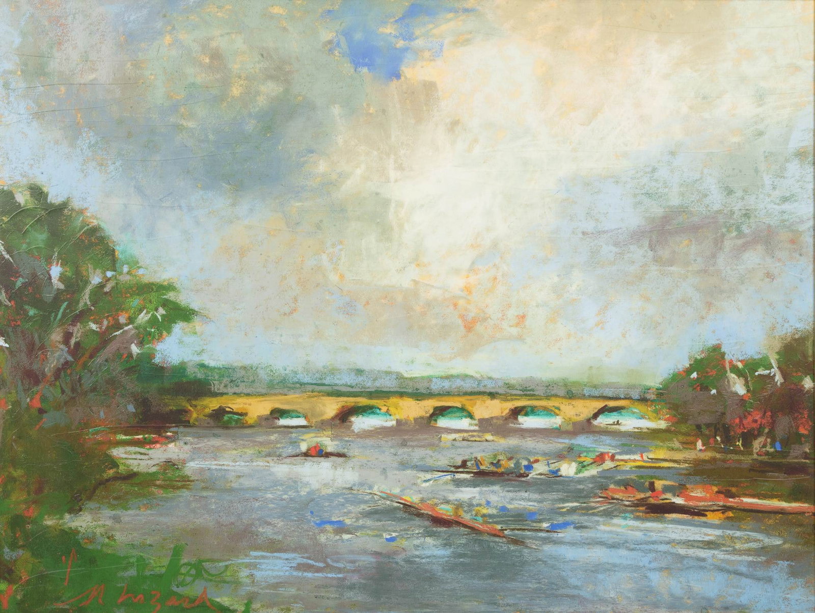 Bearing Signature J. M. Hazard Contemporary Oil on Canvas Regatta, Belle Isle 20th C., H 44" W 56" (1 of 5)