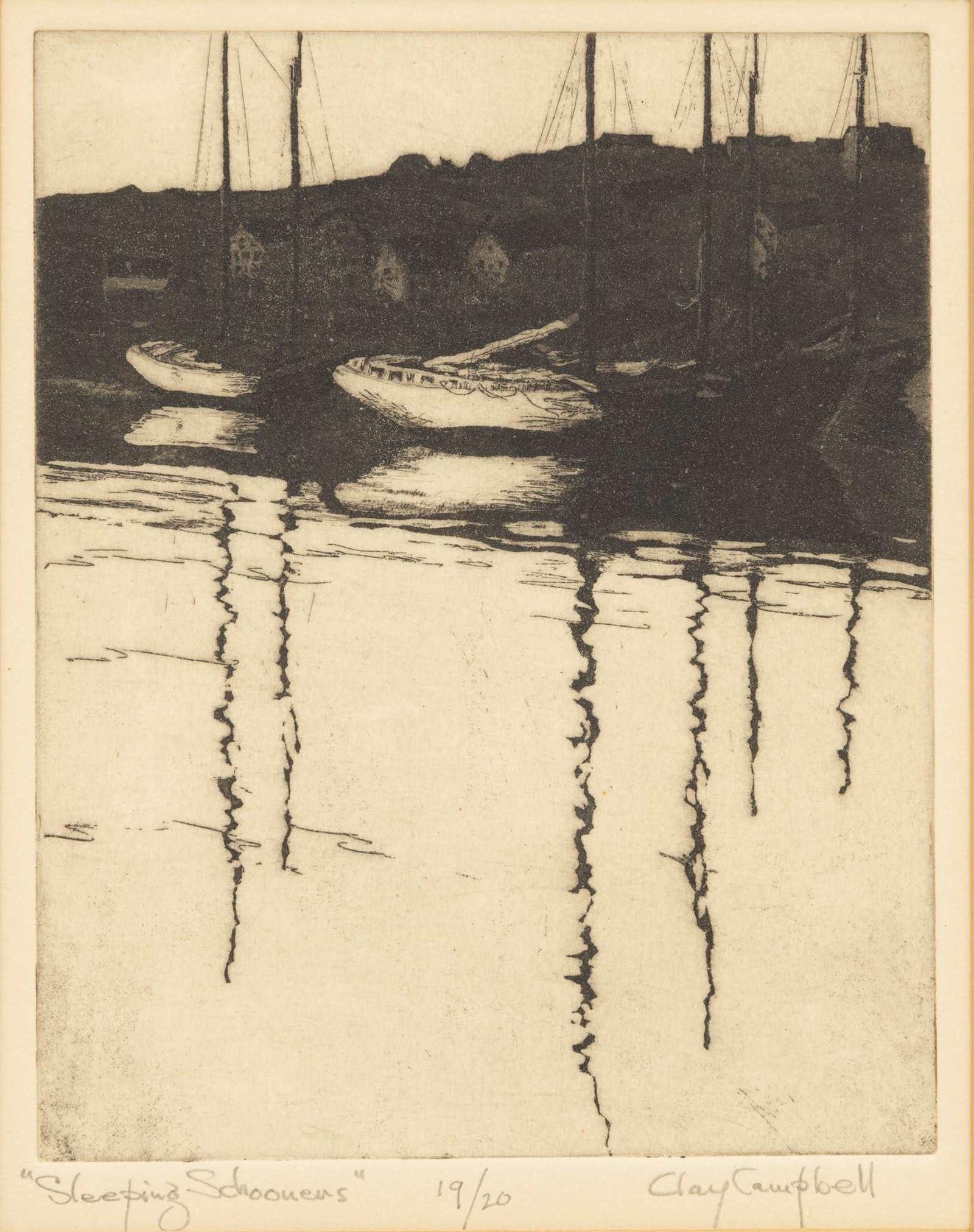 Clay Campbell (American) Etching on Paper 'Sleeping Scooners', H 3.25" W 5.75": Clay Campbell (American) Etching on Paper 'Sleeping Scooners', H 3.25" W 5.75" Signed in pencil lower right, titled and numbered 19/20, with margins. Provenance: Property from the Estate Collection of
