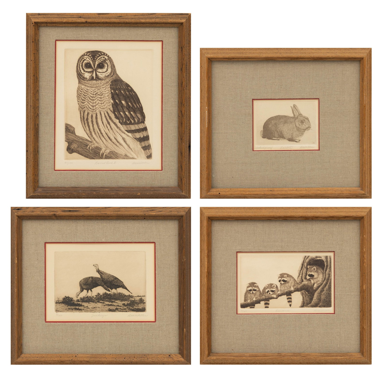 Dell Weller (American, 1927-2017) Engravings on Paper 'Barred Owl II; Racoons; Turkeys; Rabbit', H (1 of 16)