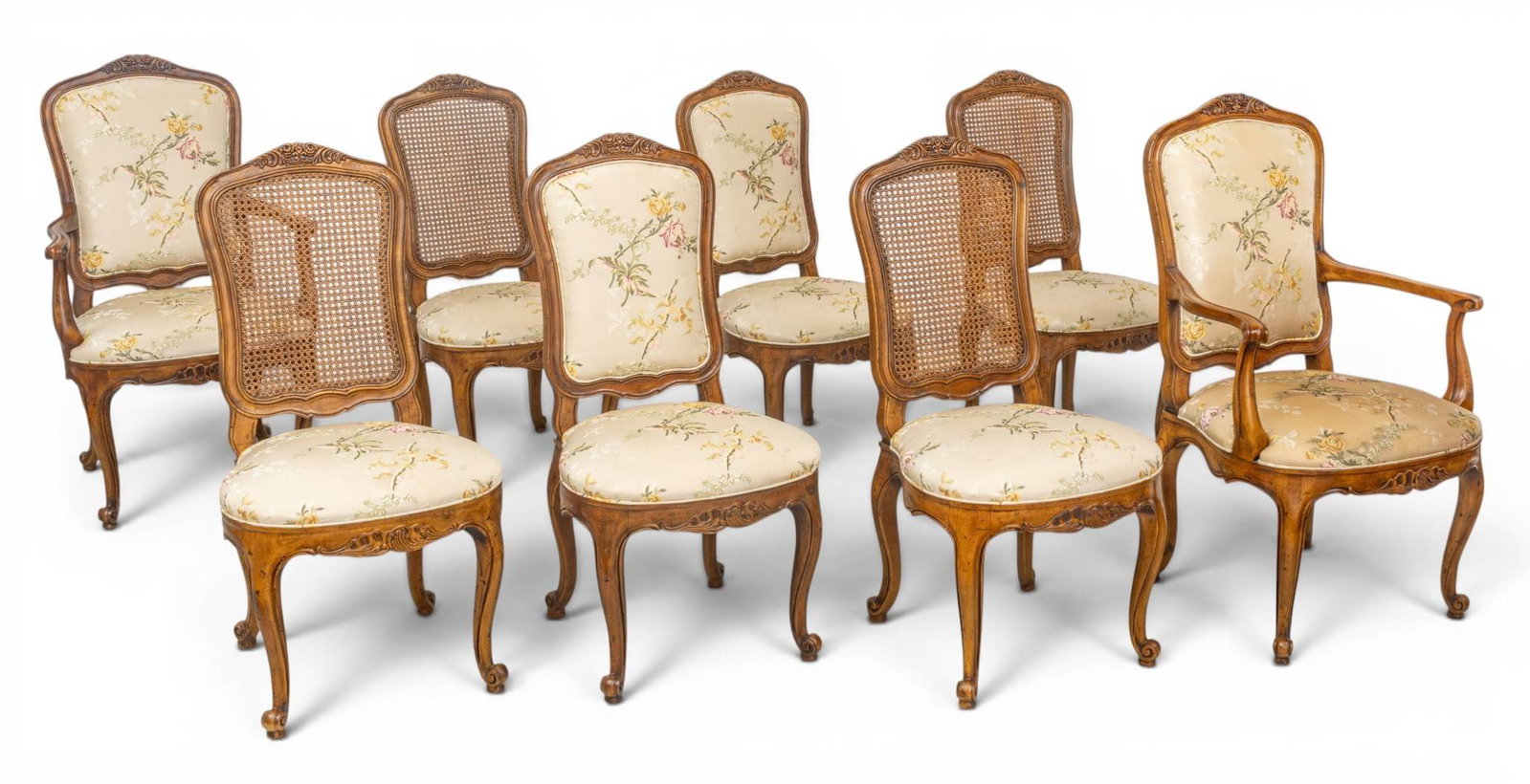 Henredon (American) French Provincial Style Hand Carved Walnut Armchairs and Side Dining Room: Henredon (American) French Provincial Style Hand Carved Walnut Armchairs and Side Dining Room Chairs, Ca. 1980, 8 PCS Including two open arm chairs with upholstered seats and backs H 41" W 25", 