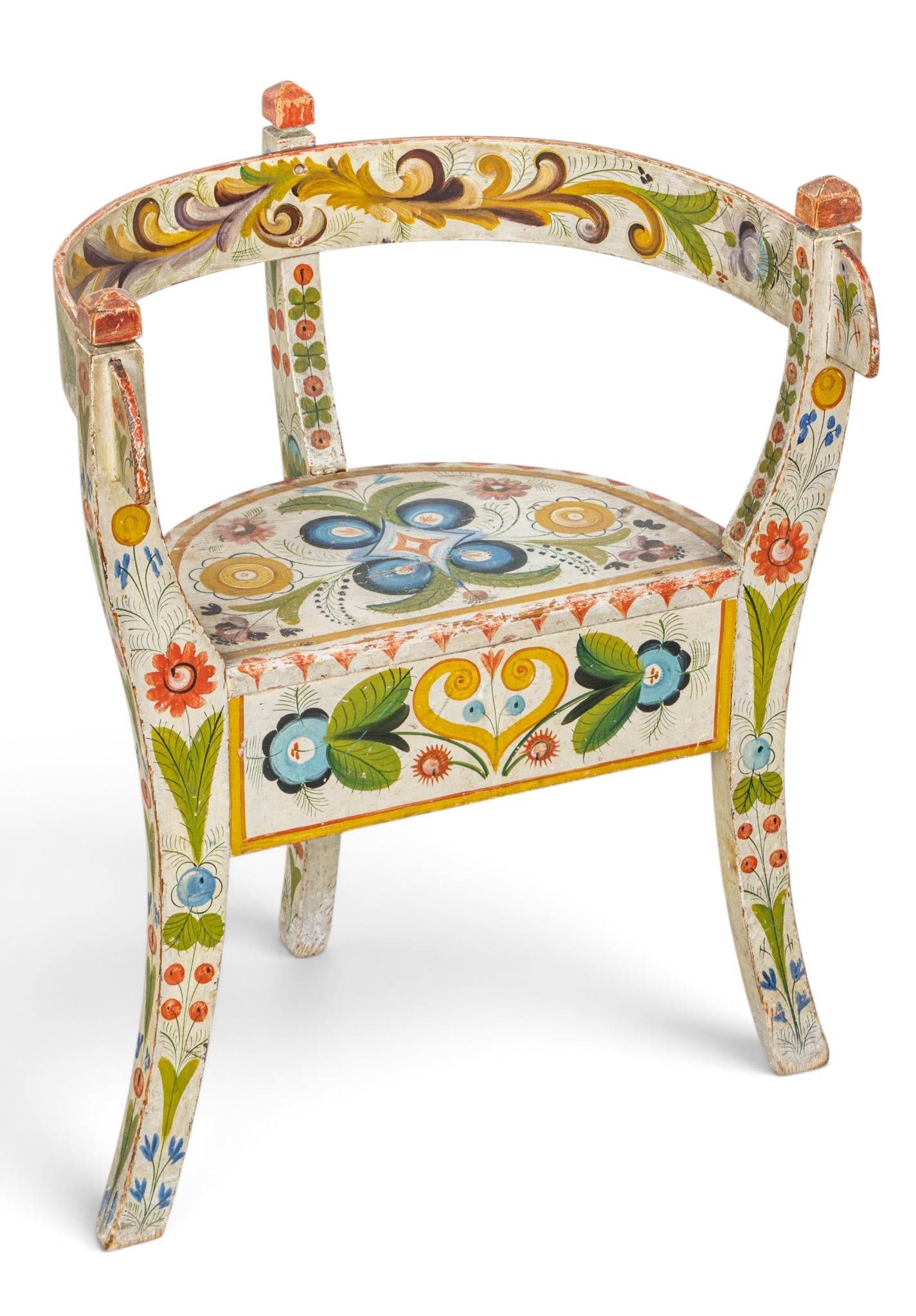 American Folk Art Hand Painted Child's Chair 1950, H 21" W 16.5" Depth 10": American Folk Art Hand Painted Child's Chair 1950, H 21" W 16.5" Depth 10" Curved back. Stands on three legs. Hand painted in Pennsylvania Dutch motif. Provenance: Property from the estate colle