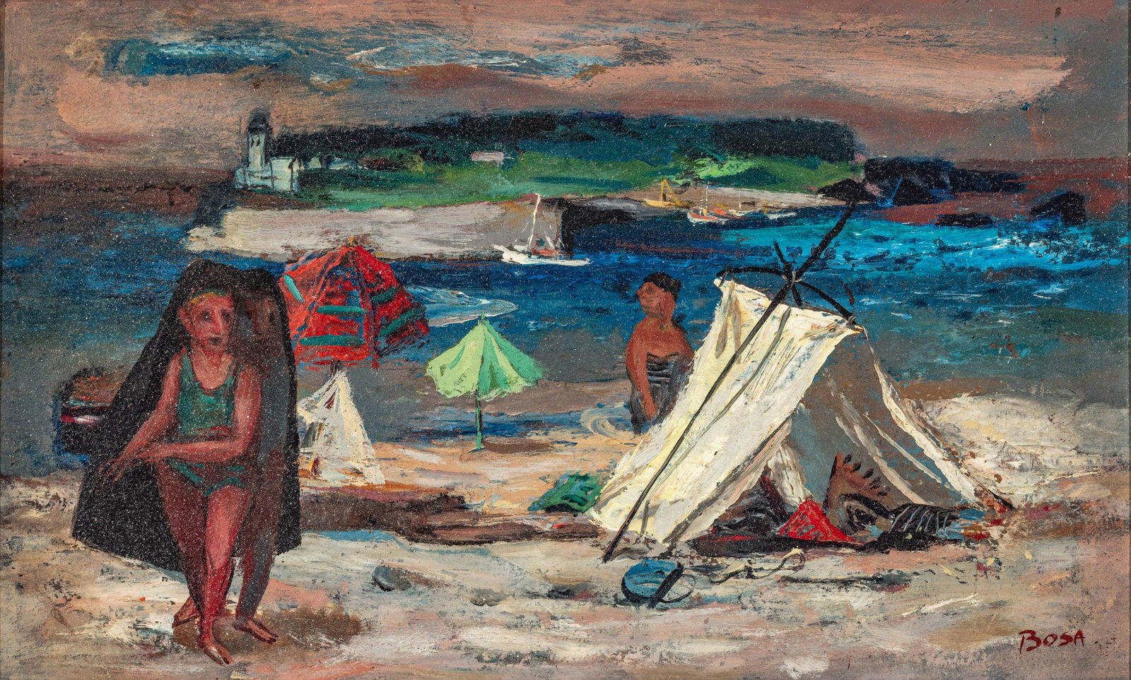 Louis Bosa (Italian-American, 1905-1981) Oil on Board, Mid 20th C., 'Afternoon on the Beach', H 8" W (1 of 7)