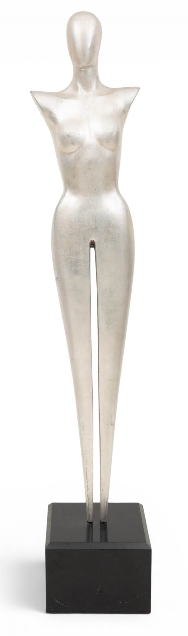 American Modern Abstract Silver Patinated Carved Balsa Wood Sculpture, Ca. 1970, 'Female Figure', H: American Modern Abstract Silver Patinated Carved Balsa Wood Sculpture, Ca. 1970, 'Female Figure', H 5' 8" Carved balsa figure of a stylized female on a 10" X 14" X 14" black lacquer finished plinth. U