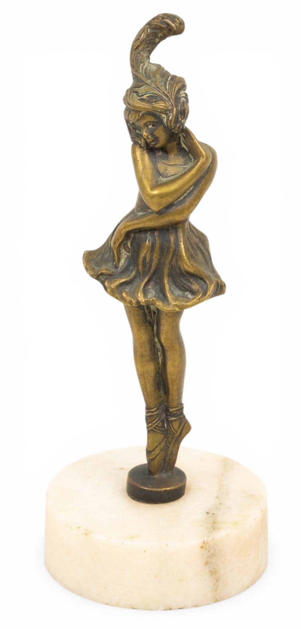 French Art Deco Bronze Miniature Sculpture 1920-1930, 'Ballerina', H 5.5" Dia. 2.5": French Art Deco Bronze Miniature Sculpture 1920-1930, 'Ballerina', H 5.5" Dia. 2.5" Depicting an Art Deco ballerina "en pointe". ON a white marble plinth 3/4" X 2.5". Provenance: Property 