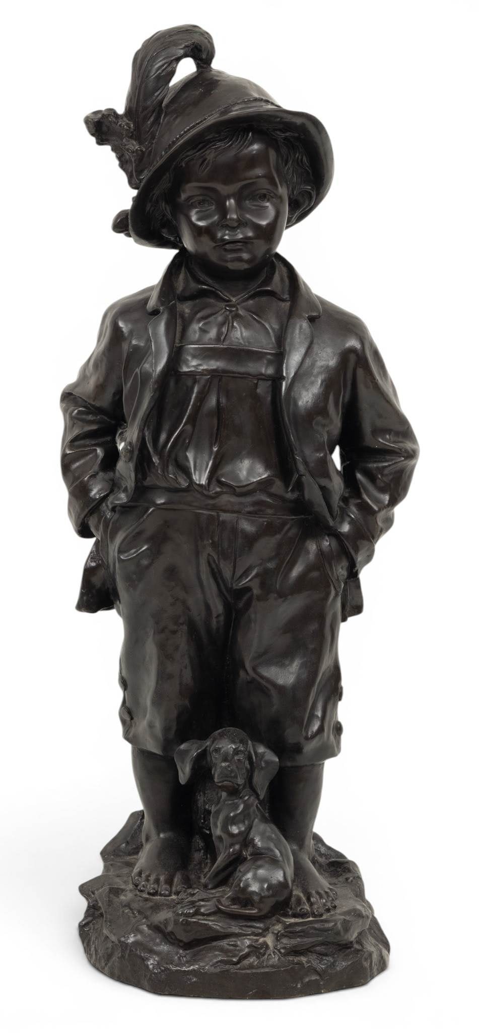 Attributed to Haubner Bronze Sculpture 'Alpine Boy and Dog', H 25" W 10" Depth 9" (1 of 8)