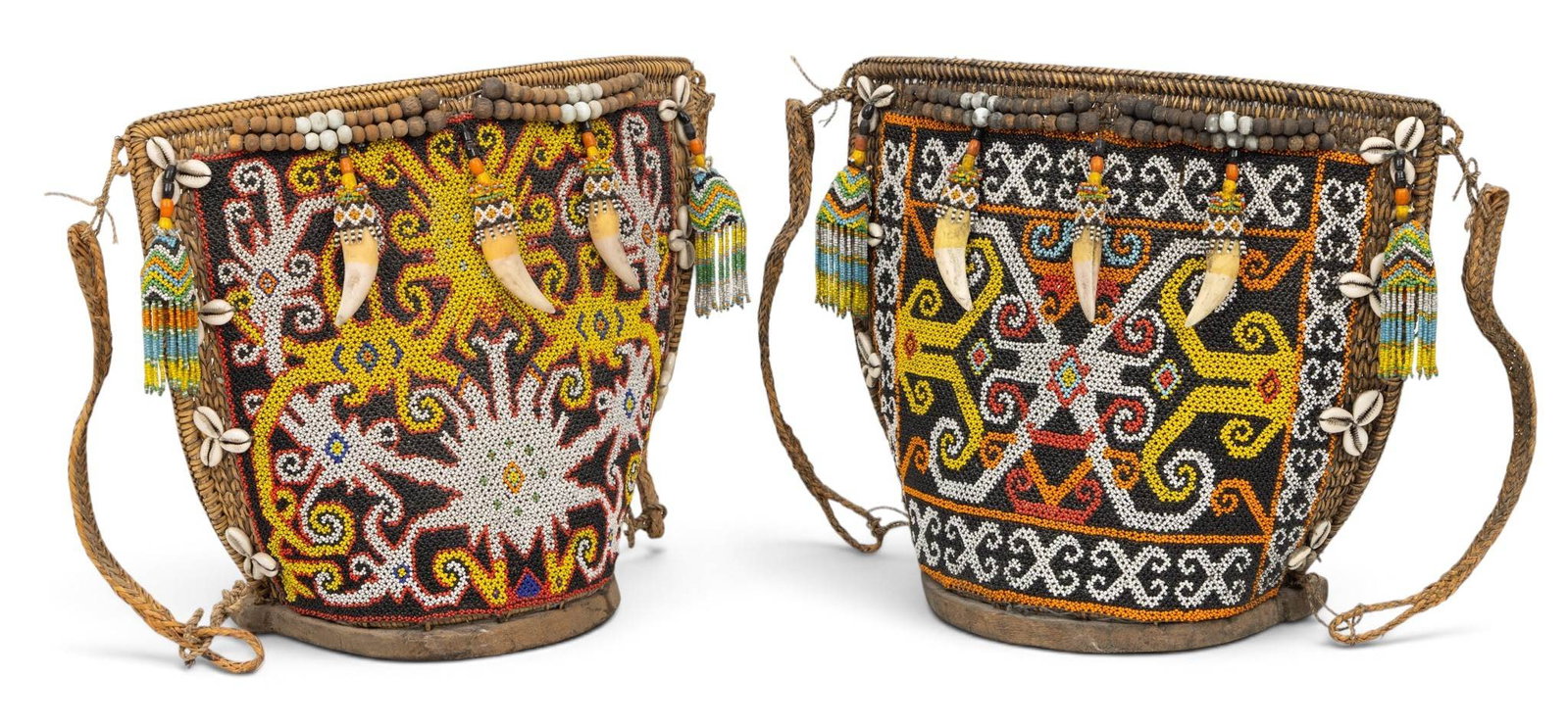 Dayak (Borneo, Indonesia) Woven and Beaded Baby Carriers 20th C., H 13" W 16" Depth 6" 2 PCS (1 of 4)