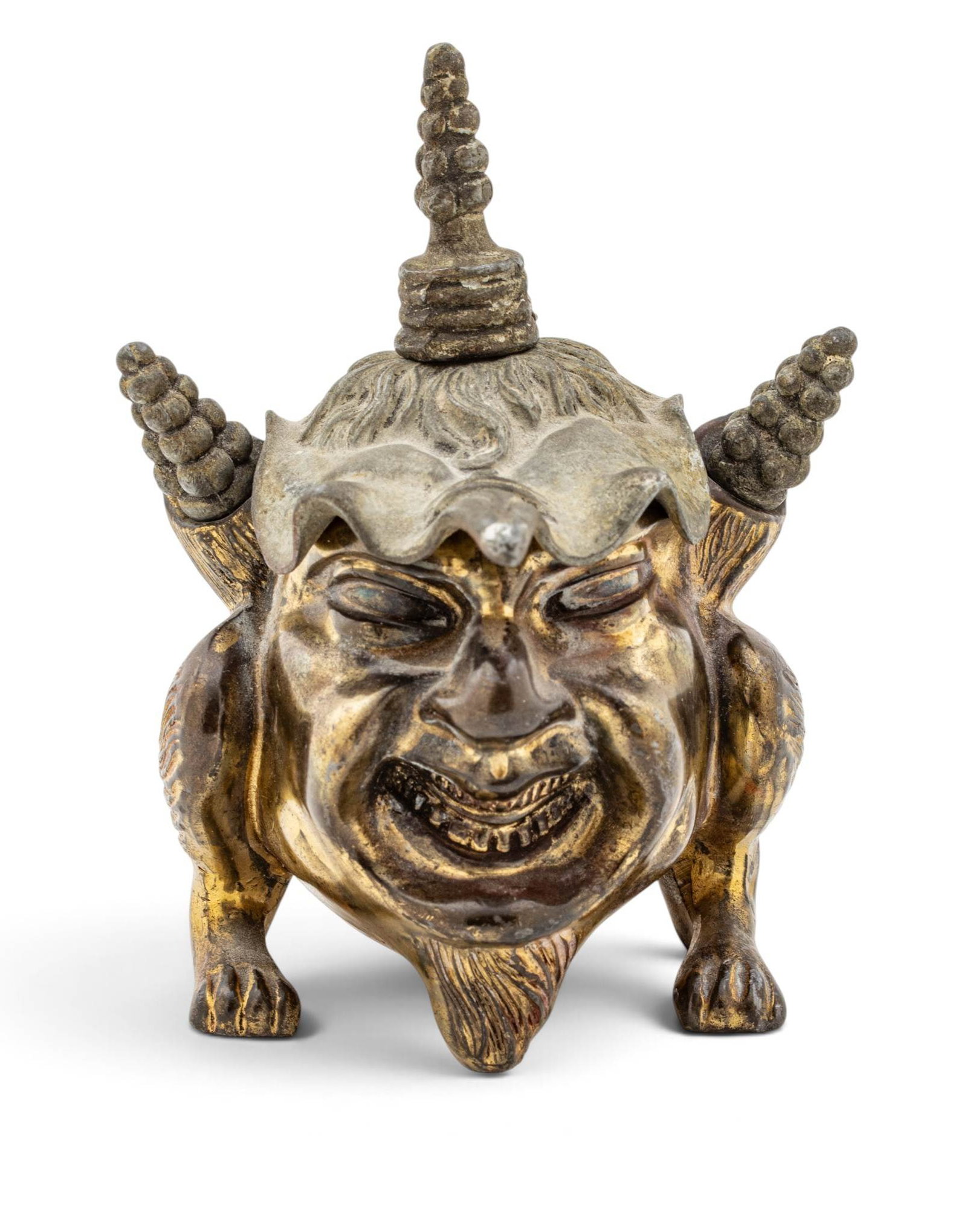 English Brass and Spelter Satyr-form Oil Lamp, Ca. 1900, H 3" W 3": English Brass and Spelter Satyr-form Oil Lamp, Ca. 1900, H 3" W 3" Cast brass body in the form of a satyr. Leaf-form hinged spelter lid. Two lighting wicks set into the figures ears, each with grape c