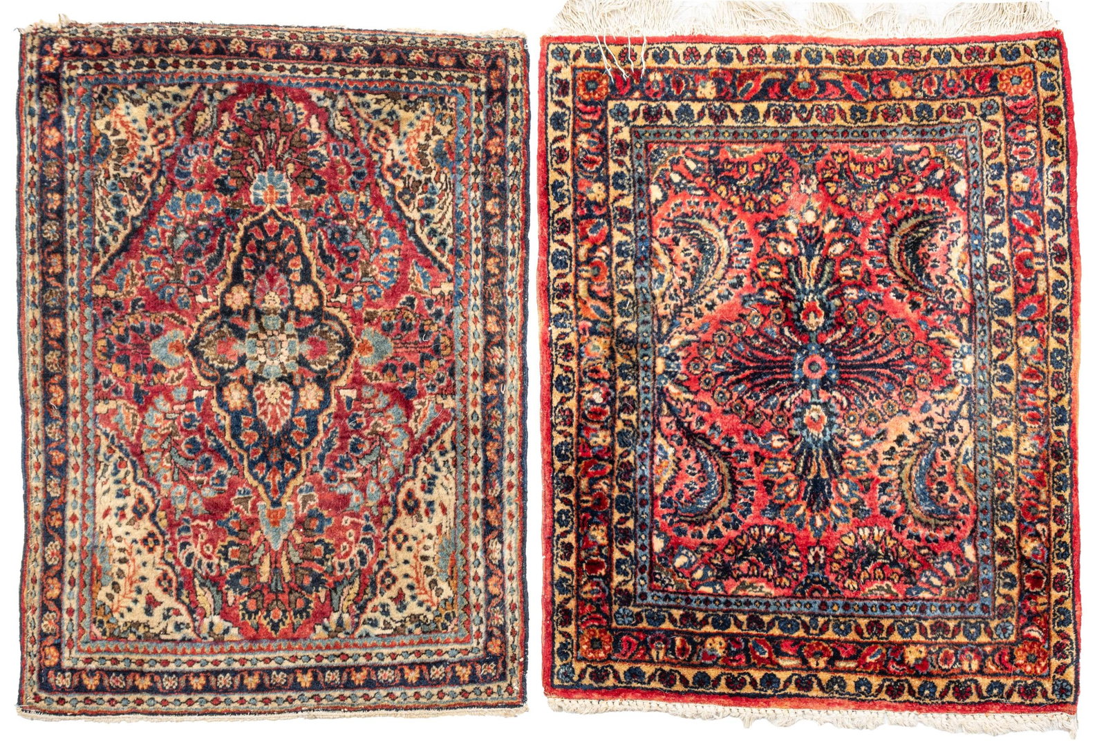 Sarouk (Persian) Hand Woven Wool Mats 1940, W 2' L 2' 7": Sarouk (Persian) Hand Woven Wool Mats 1940, W 2' L 2' 7" One 2'7" x 2'. Other 2'7" x 1'10". Dimensions: W 2' L 2'7"