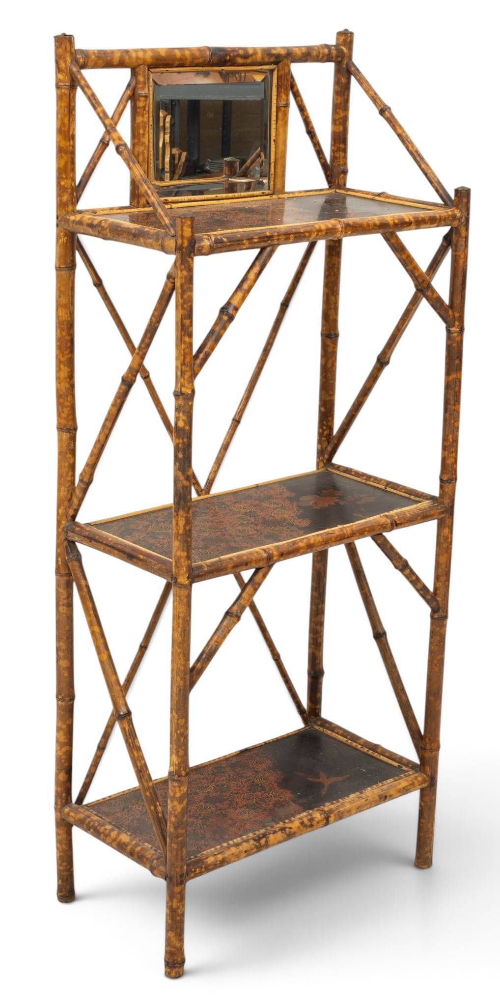 Bamboo and Lacquer Etagere 1900, H 56.5" W 23" Depth 13" 1 PC: Bamboo and Lacquer Etagere 1900, H 56.5" W 23" Depth 13" 1 PC Aesthetic Movement. Frequently made in England. Small mirror over one of three shelves. Provenance: Property from a prominent Grosse