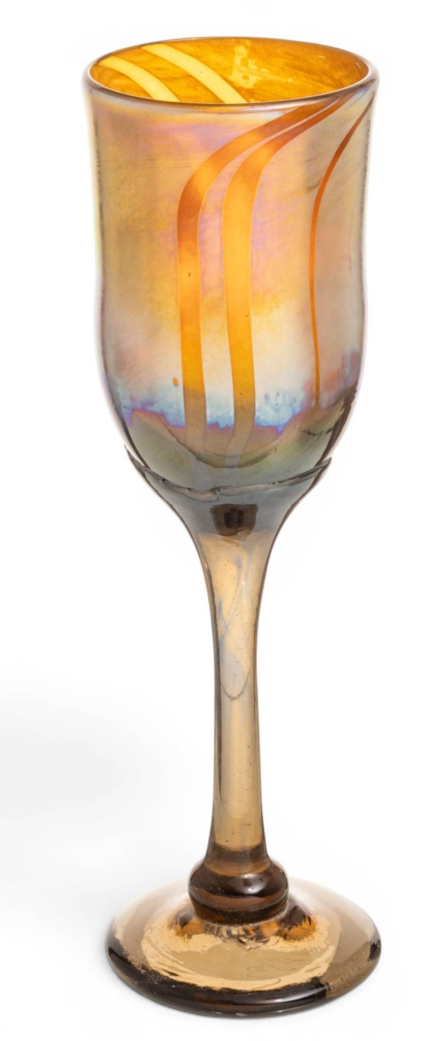 Blown Art Glass Goblet, Signed 1990, H 10" 1 PC: Blown Art Glass Goblet, Signed 1990, H 10" 1 PC Champagne flute. Amber stem and base. Bowl with iridescent gold. Signed. Provenance: From the Collection of Mary Rae, Southfield, MI. By descent t