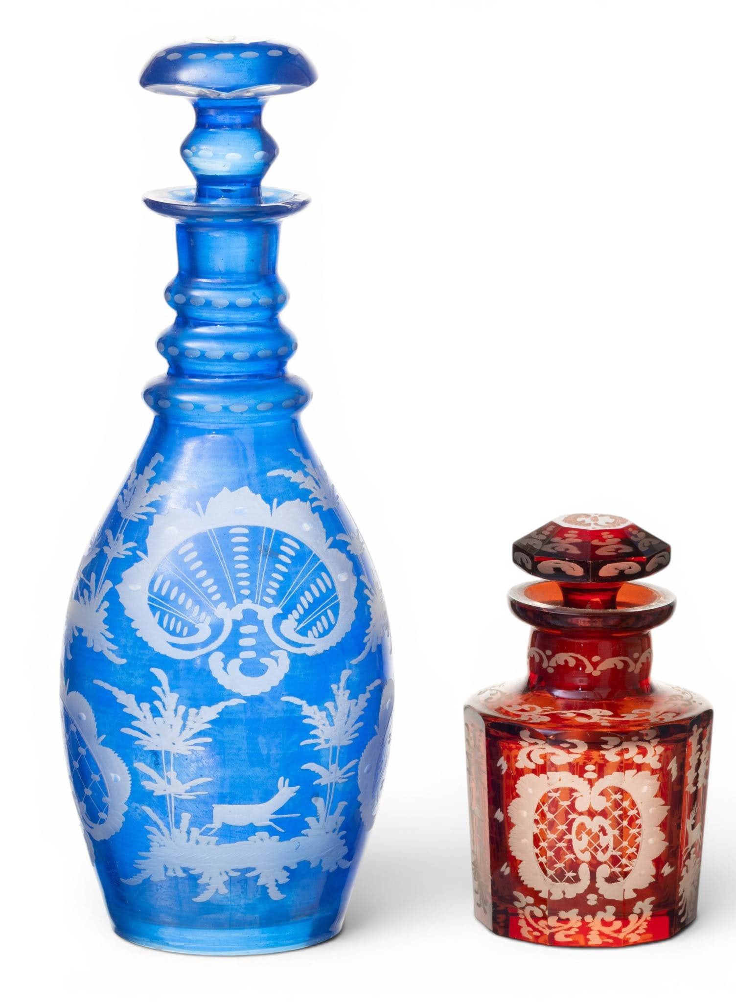 Bohemian Glass Two Colored Glass Etched Decanters 1900, H 10" 2 PCS (1 of 4)
