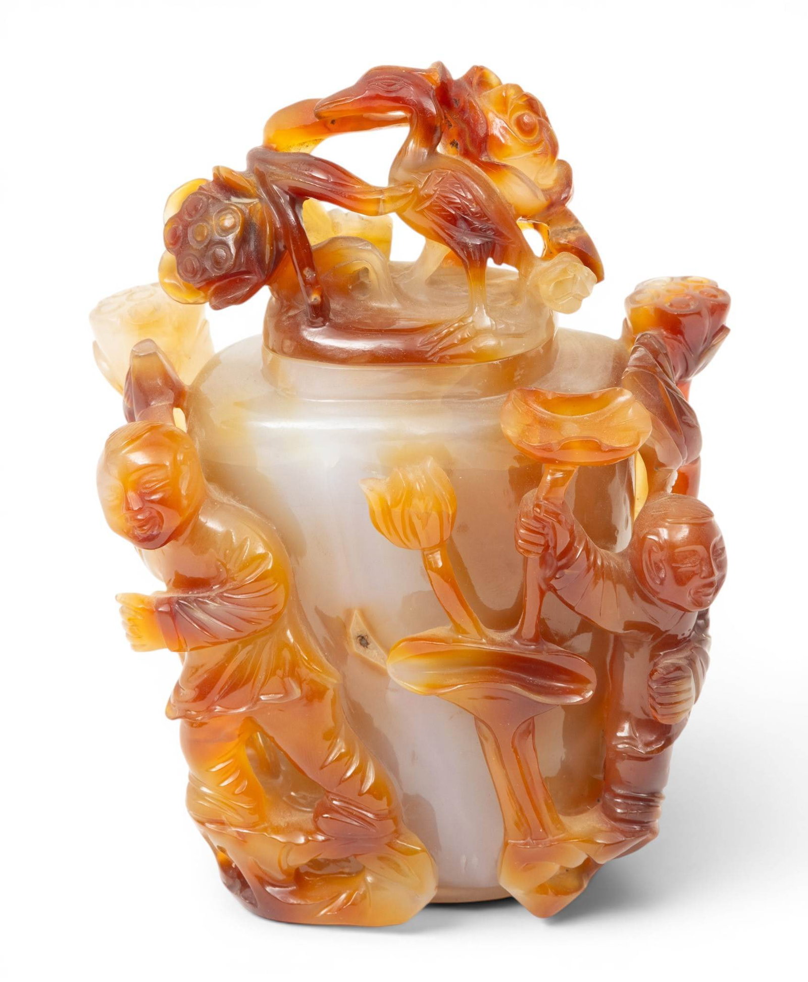 Chinese Hand Carved Agate Vase with Cover 20th C., H 6" W 4.5" Depth 3" (1 of 4)