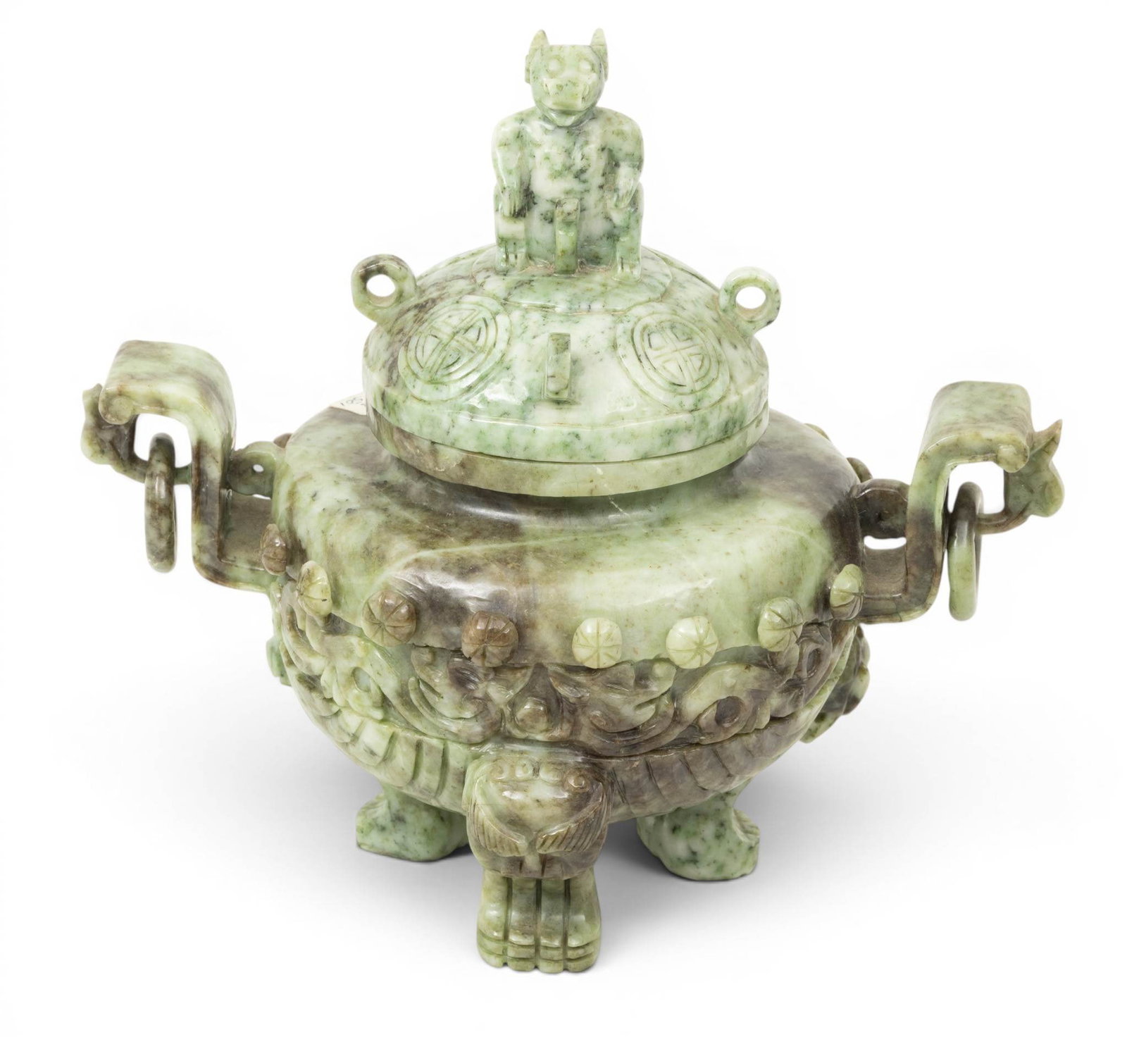 Chinese Spinach Jade Vase with Cover 20th C., H 8.5" W 9" Depth 6" (1 of 5)